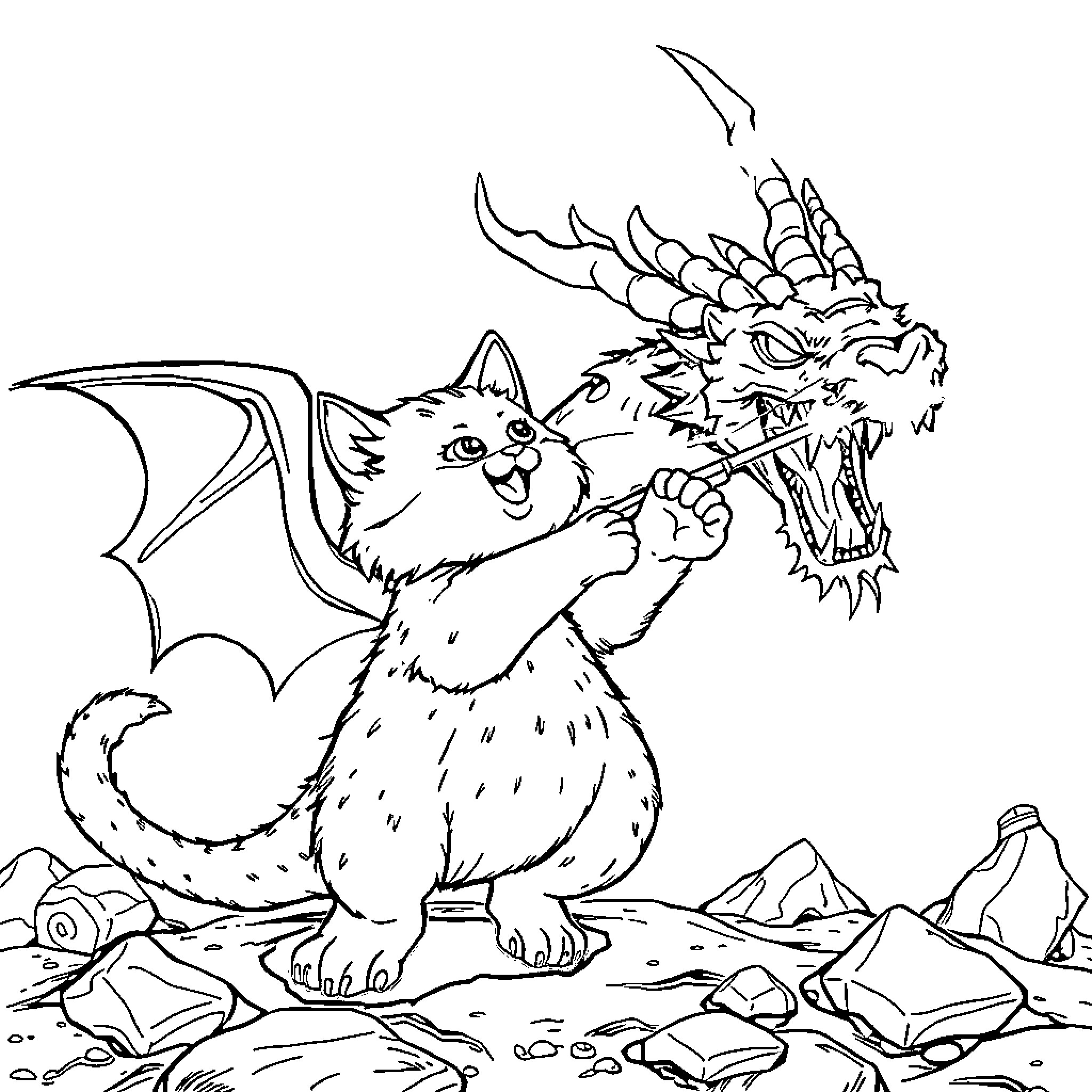 Cat Dragon Hybrid Creature in Mythical Landscape Coloring Page (free black-and-white line drawing printable PDF for all, from beginners to advanced learners, including children, teens, adults, and seniors)