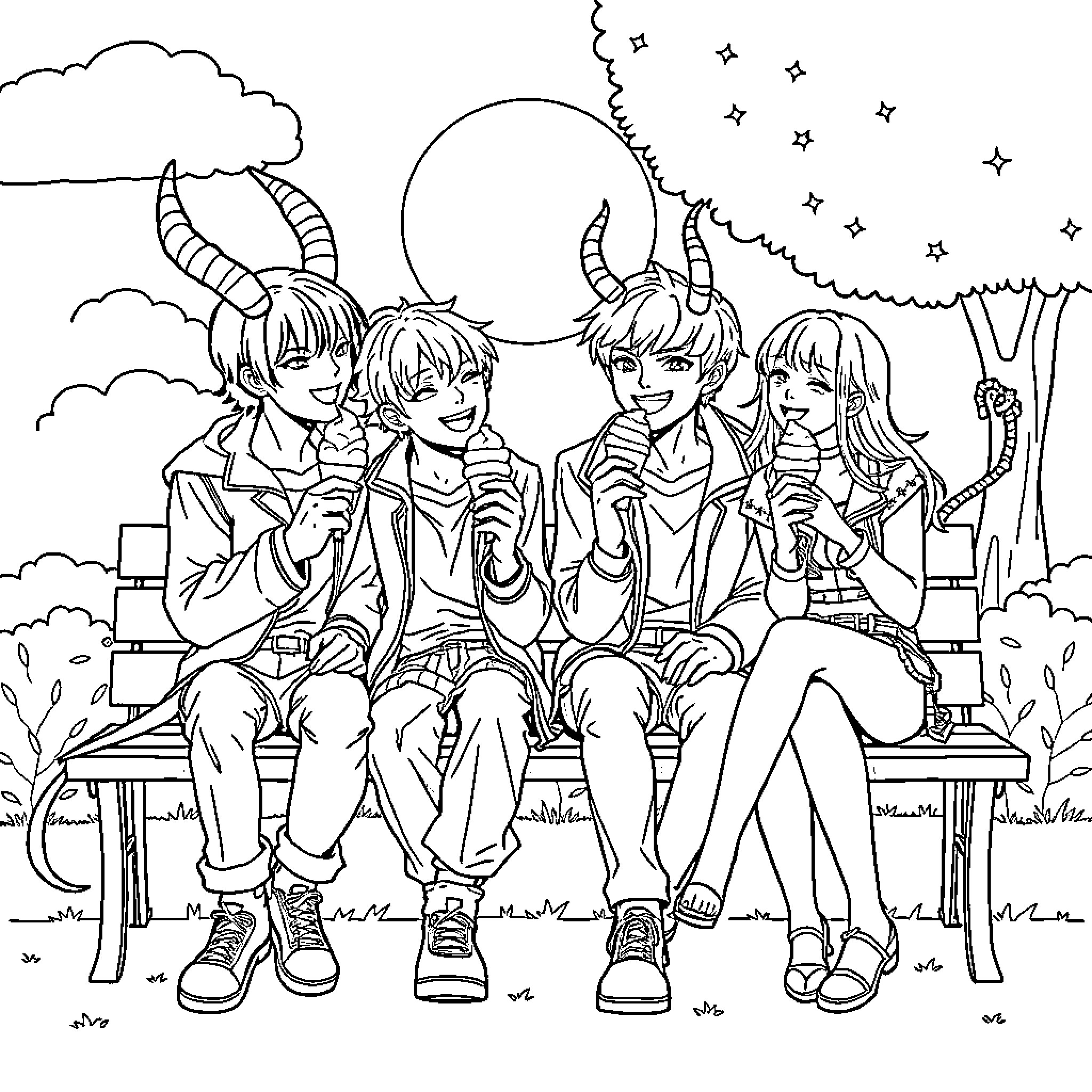 Demon Hunters Gather Under the Moonlit Sky Coloring Page (free black-and-white line drawing printable PDF for all, from beginners to advanced learners, including children, teens, adults, and seniors)