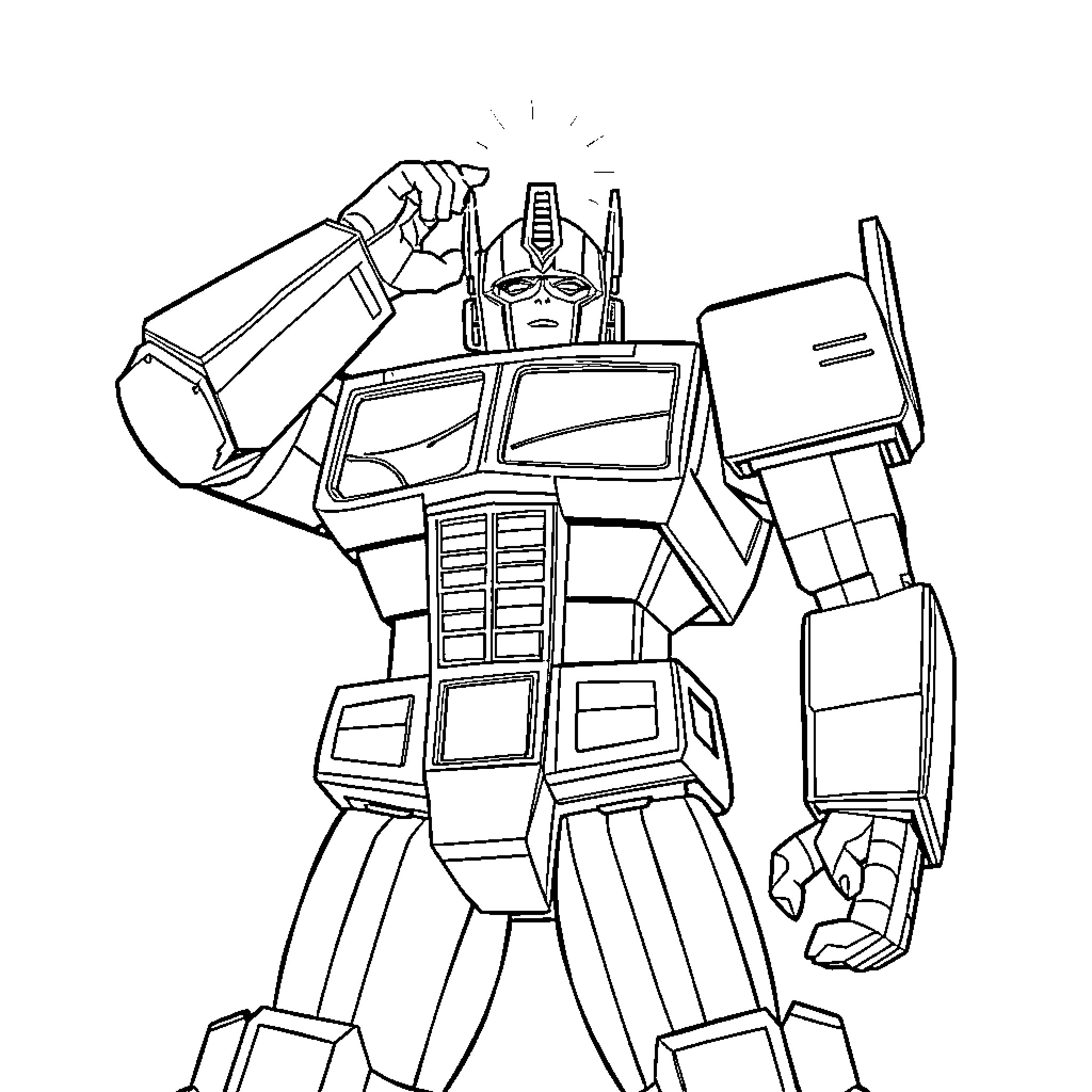 Optimus Prime Heroically Standing Ready for Action Coloring Page (free black-and-white line drawing printable PDF for all, from beginners to advanced learners, including children, teens, adults, and seniors)