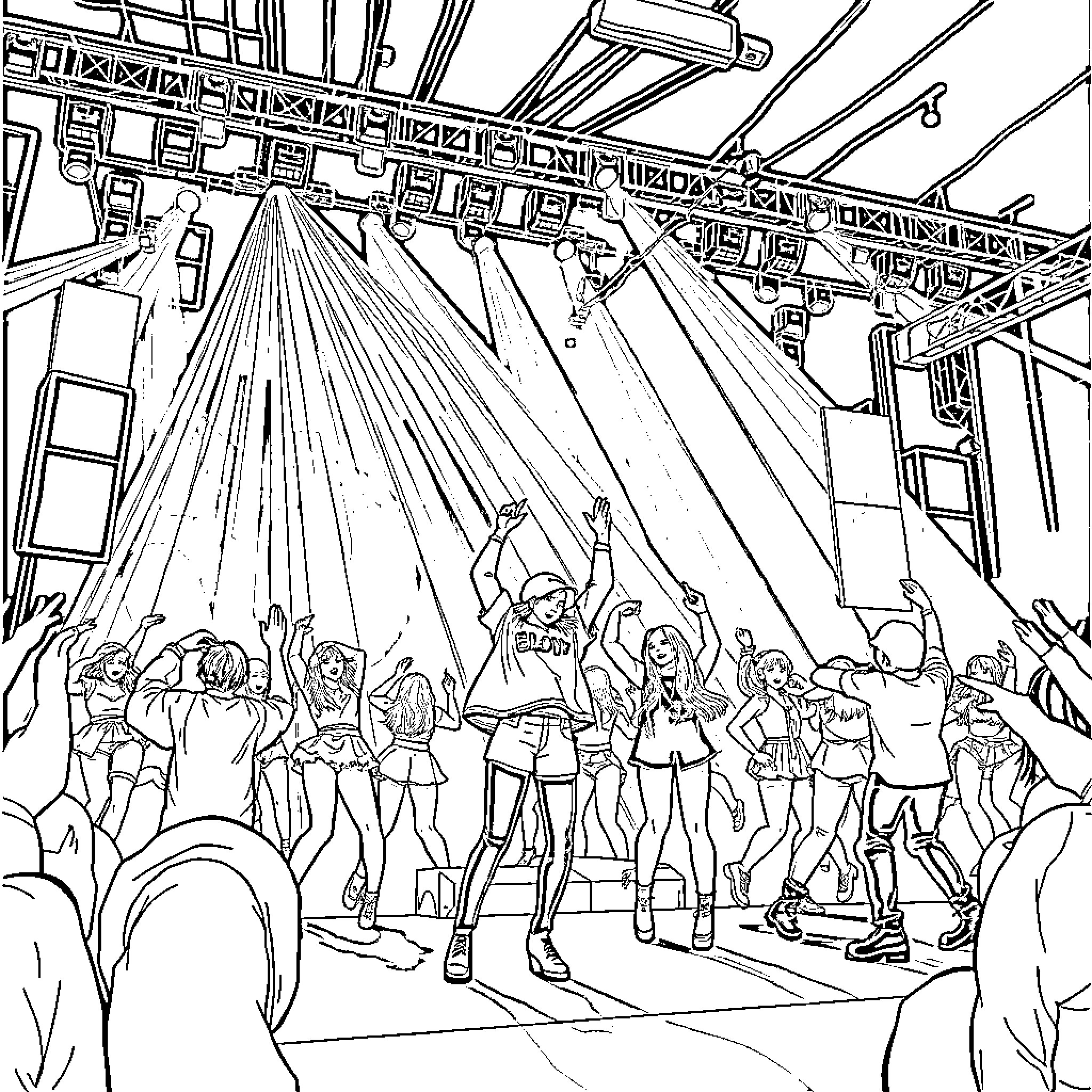 K Pop Idols Performing on Stage with Fans Coloring Page (free black-and-white line drawing printable PDF for all, from beginners to advanced learners, including children, teens, adults, and seniors)