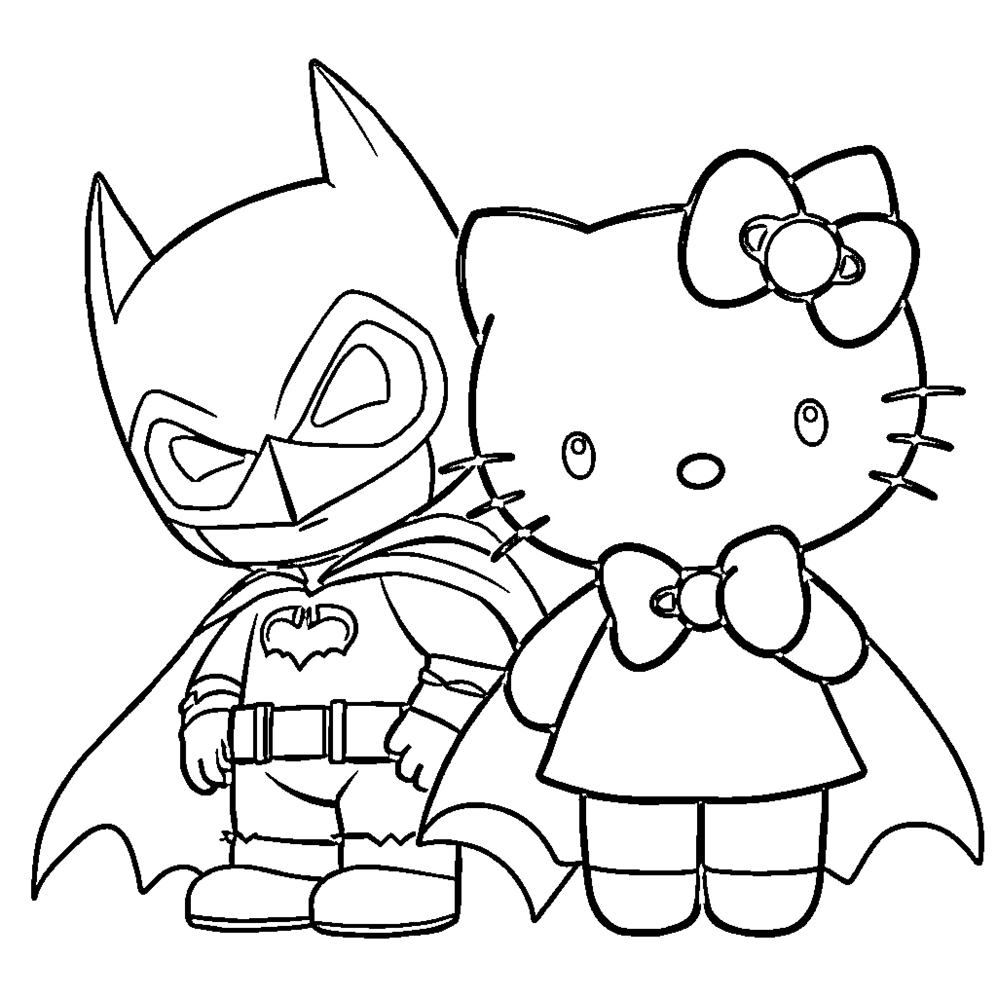 Hello Kitty and Superhero Bat Coloring Page (free black-and-white line drawing printable PDF for all, from beginners to advanced learners, including children, teens, adults, and seniors)