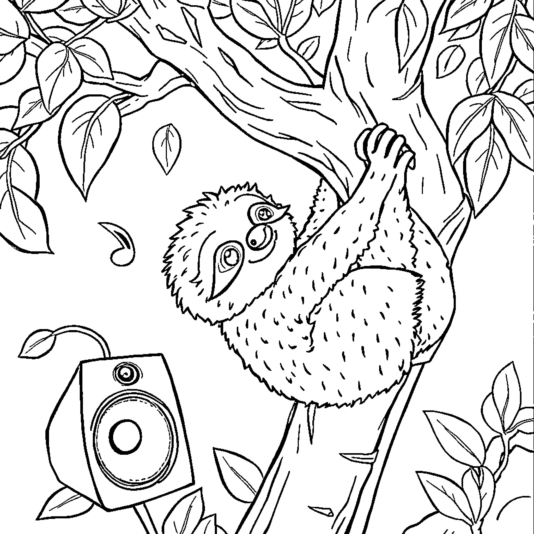 Sloth enjoying music in the forest Coloring Page (free black-and-white line drawing printable PDF for all, from beginners to advanced learners, including children, teens, adults, and seniors)