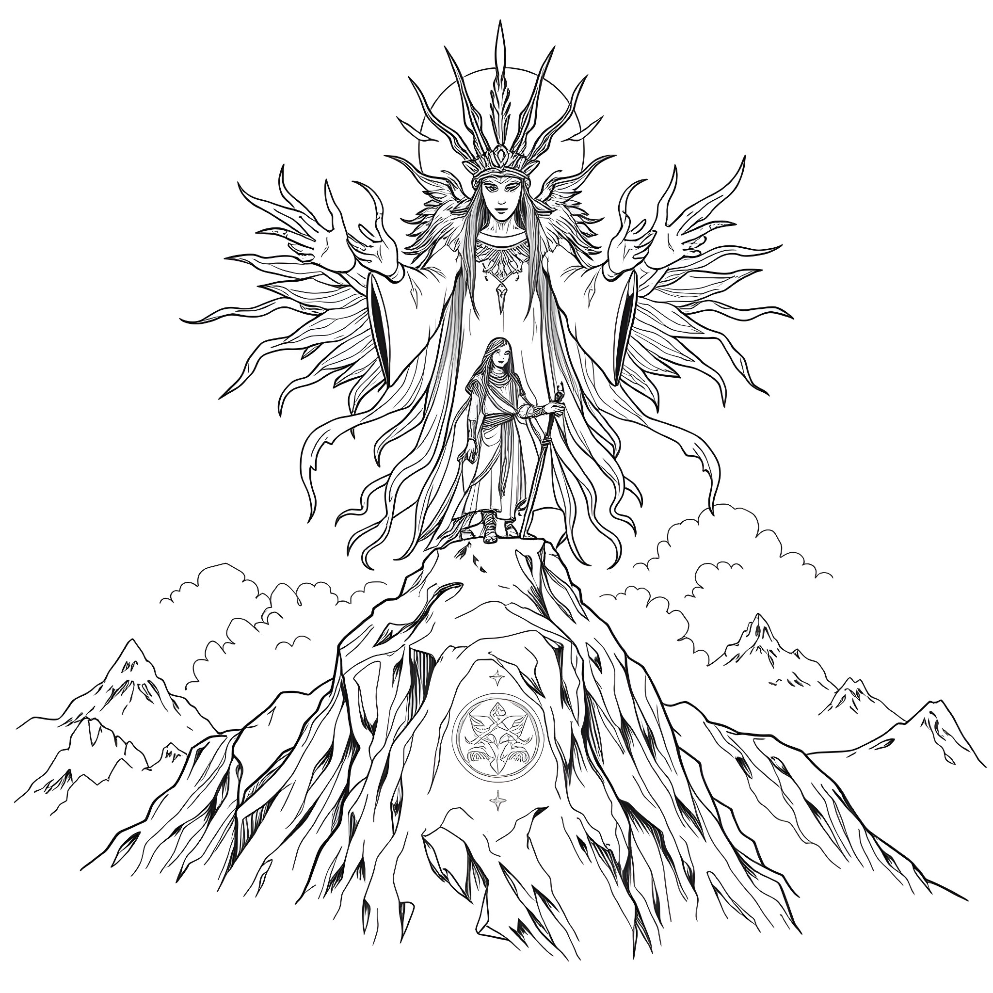 Spirit of Majestic Goddess Atop Mountainous Realm Coloring Page (free black-and-white line drawing printable PDF for all, from beginners to advanced learners, including children, teens, adults, and seniors)