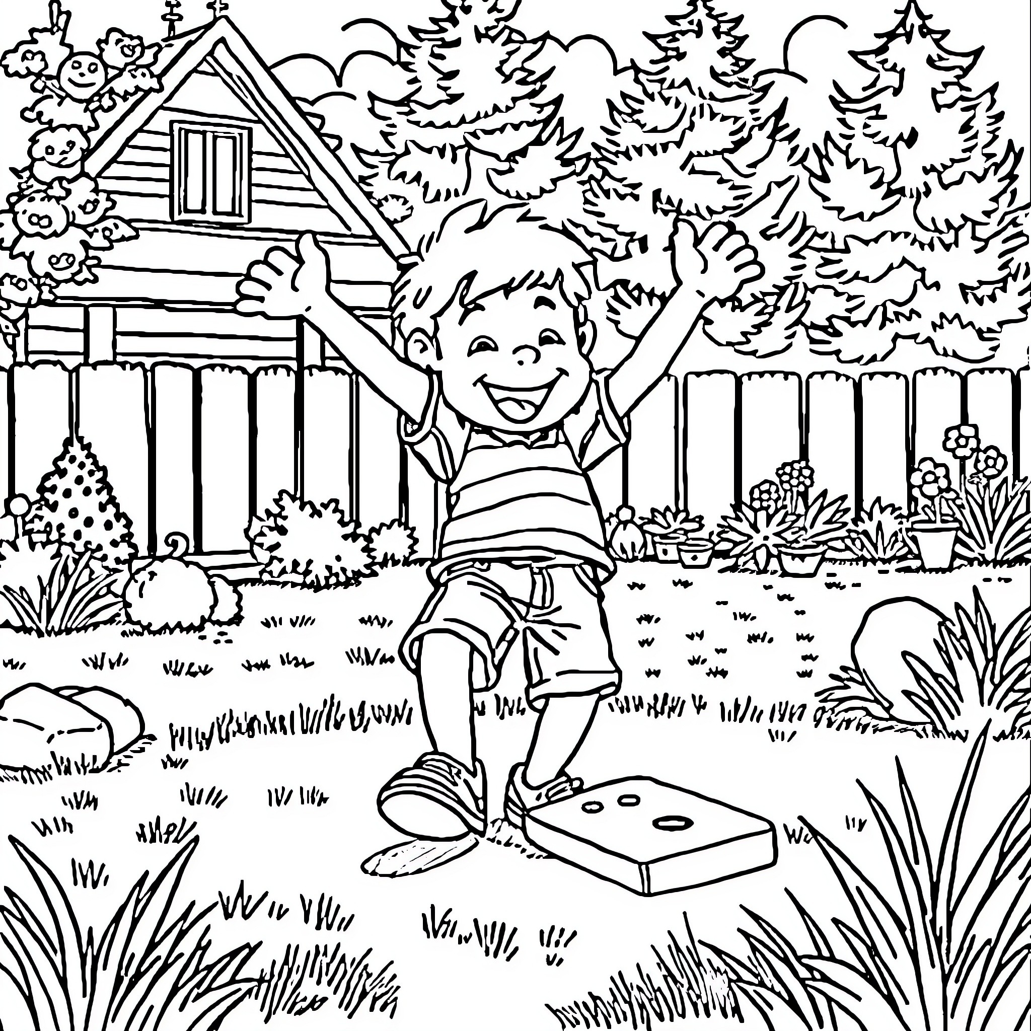 Jack Black celebrating in a forest landscape Coloring Page (free black-and-white line drawing printable PDF for all, from beginners to advanced learners, including children, teens, adults, and seniors)