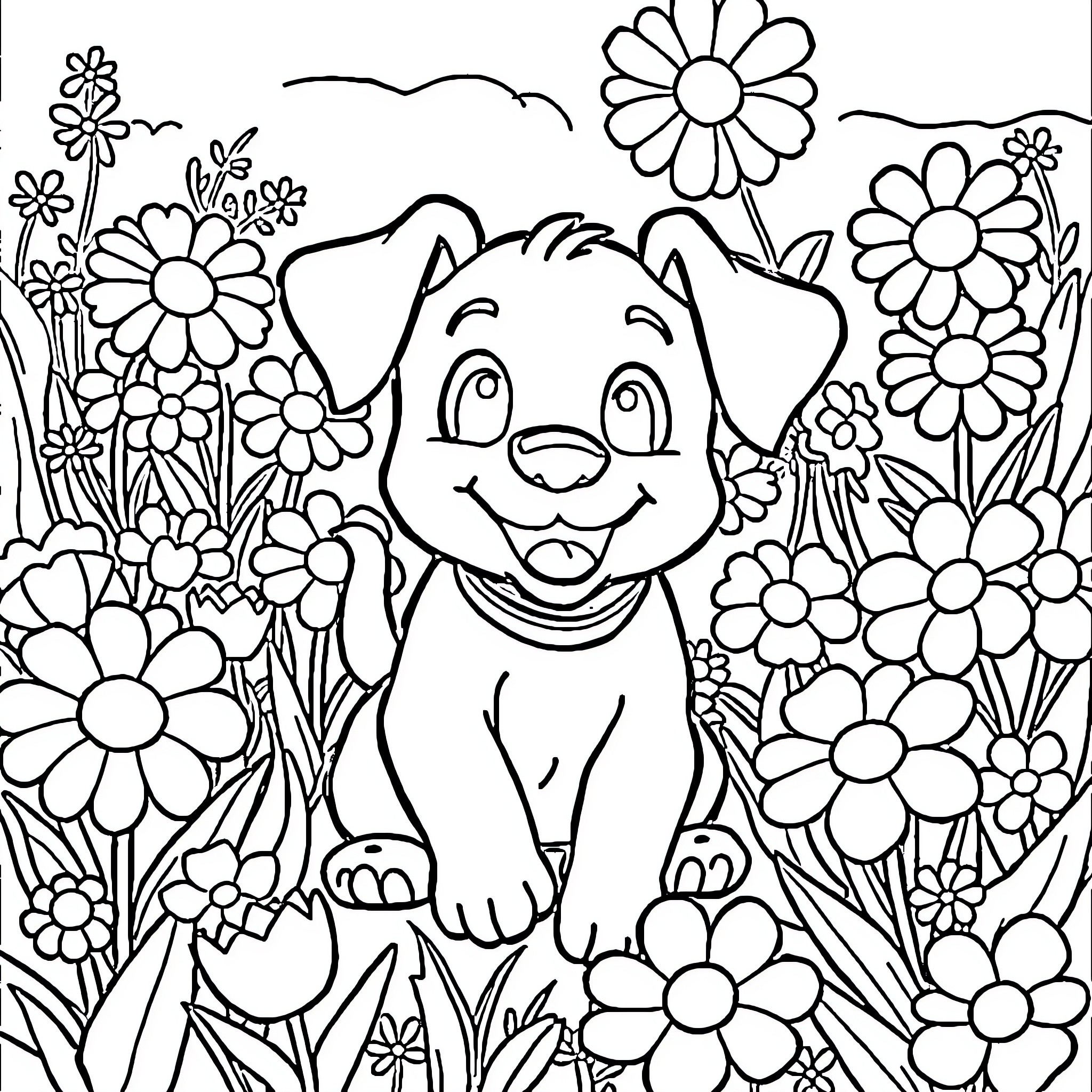 Puppy enjoying a floral garden Coloring Page (free black-and-white line drawing printable PDF for all, from beginners to advanced learners, including children, teens, adults, and seniors)