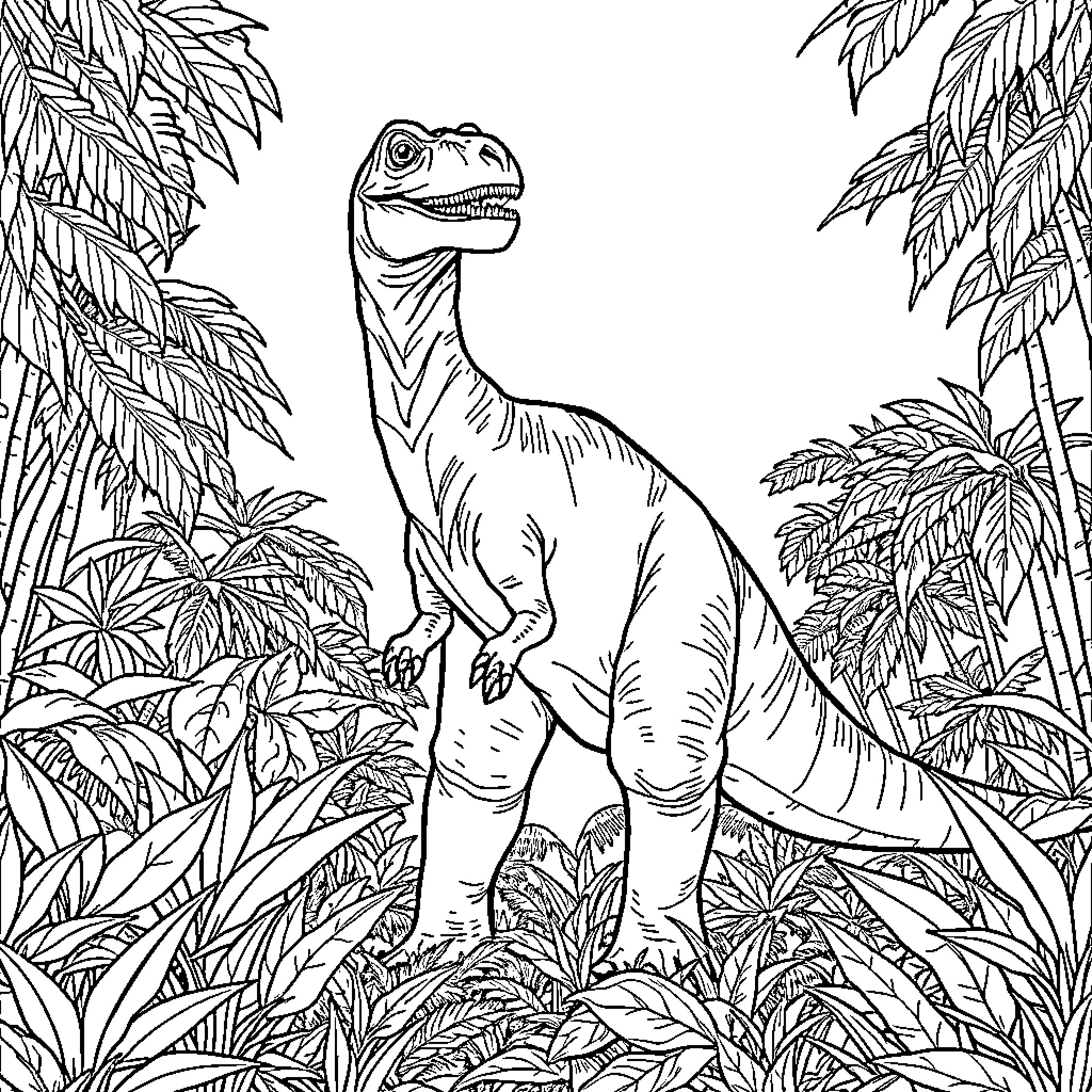 Dinosaur exploring lush tropical foliage Coloring Page (free black-and-white line drawing printable PDF for all, from beginners to advanced learners, including children, teens, adults, and seniors)