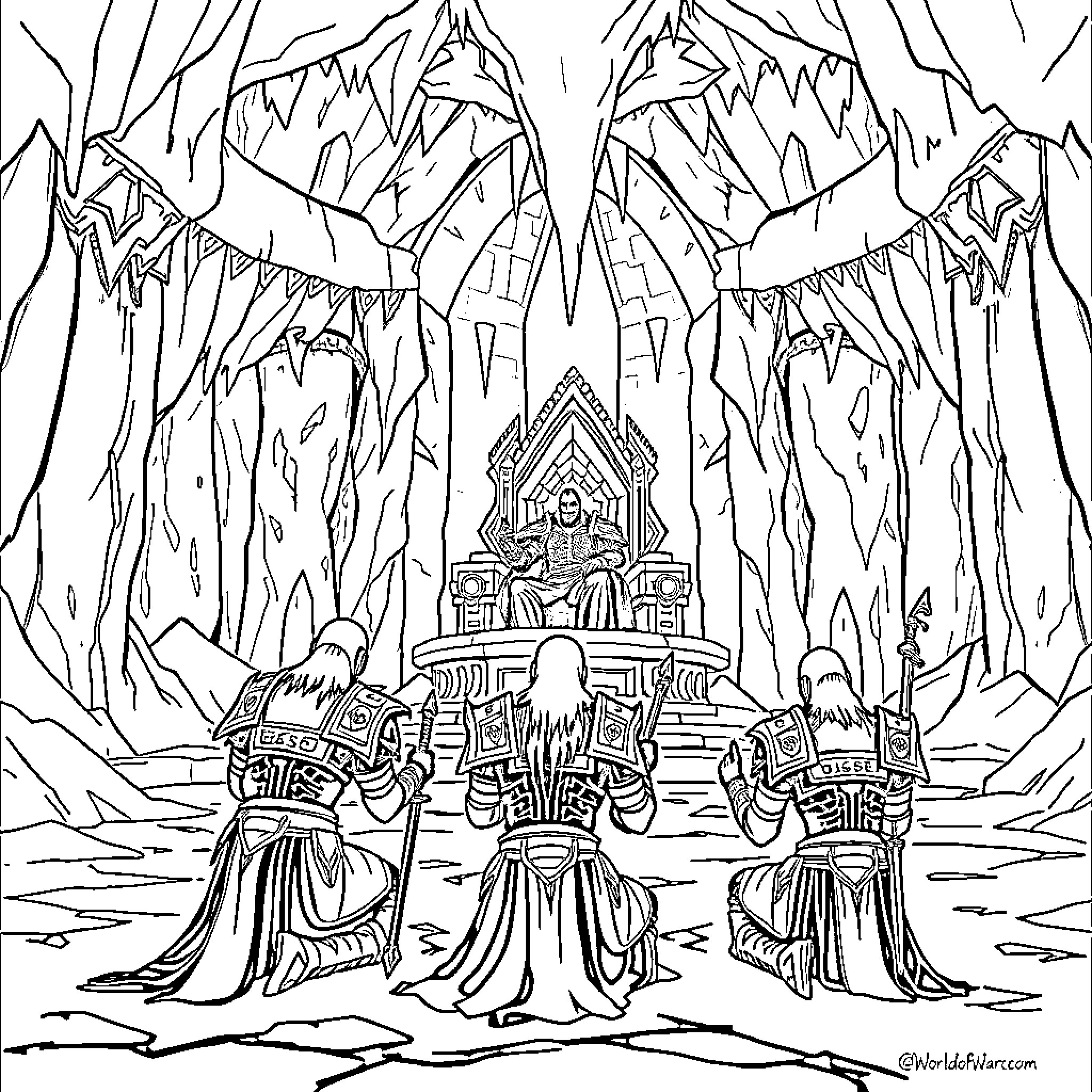 Death Knight Revered Before Dark Throne Coloring Page (free black-and-white line drawing printable PDF for all, from beginners to advanced learners, including children, teens, adults, and seniors)