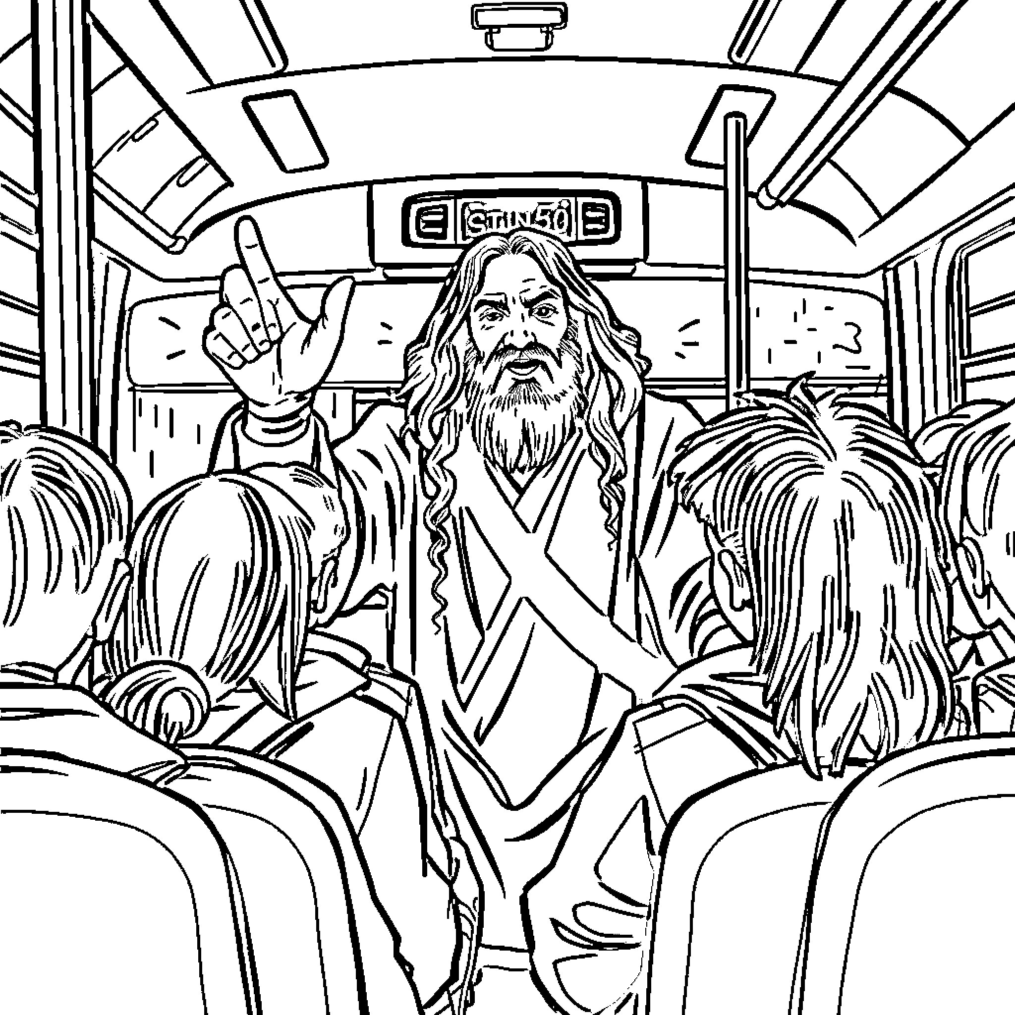 Bus Driver Guiding Passengers in Illustrated Bus Interior Coloring Page (free black-and-white line drawing printable PDF for all, from beginners to advanced learners, including children, teens, adults, and seniors)