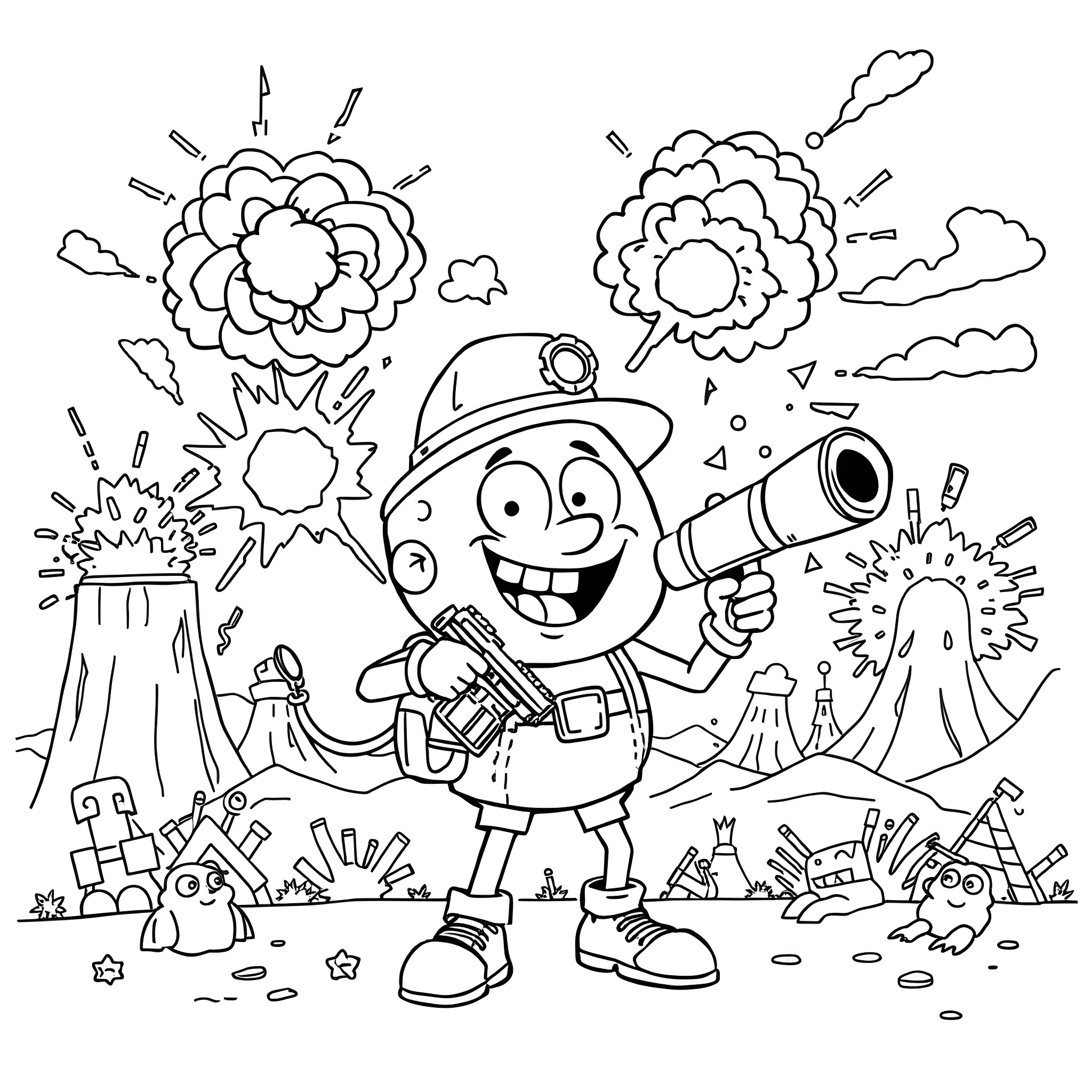 Artillery Doodle Bob causing an explosion with a cannon Coloring Page (free black-and-white line drawing printable PDF for all, from beginners to advanced learners, including children, teens, adults, and seniors)