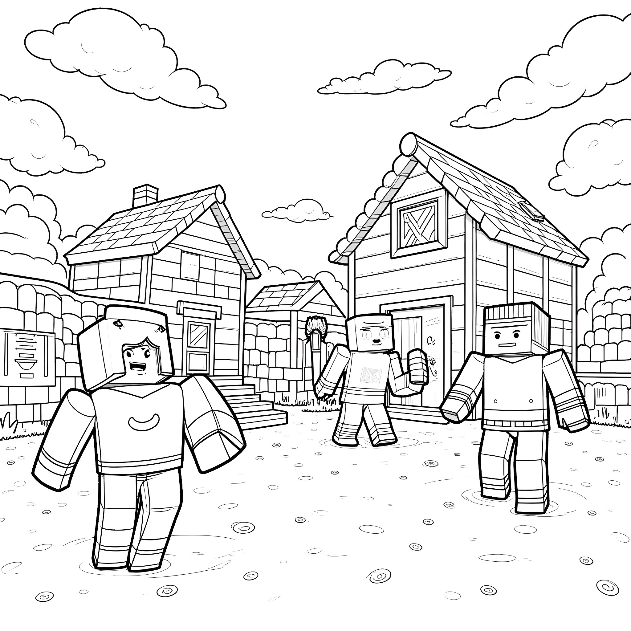Pillager attacking the village with minions Coloring Page (free black-and-white line drawing printable PDF for all, from beginners to advanced learners, including children, teens, adults, and seniors)