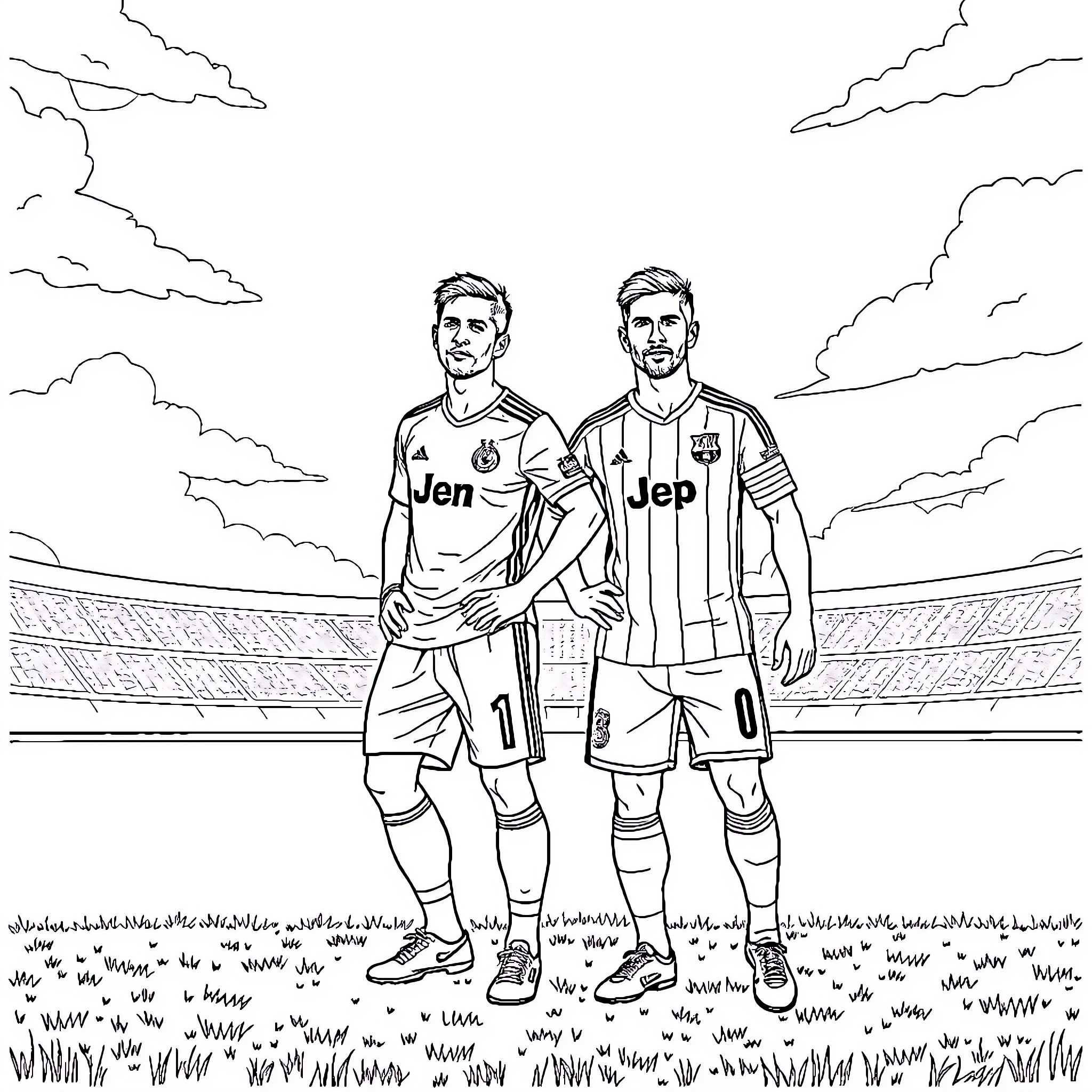 Ronaldo and Messi face off on the soccer field Coloring Page (free black-and-white line drawing printable PDF for all, from beginners to advanced learners, including children, teens, adults, and seniors)