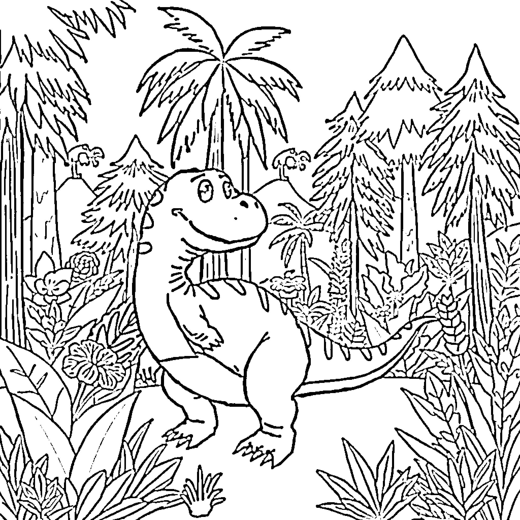 T-Rex exploring the lush jungle landscape Coloring Page (free black-and-white line drawing printable PDF for all, from beginners to advanced learners, including children, teens, adults, and seniors)