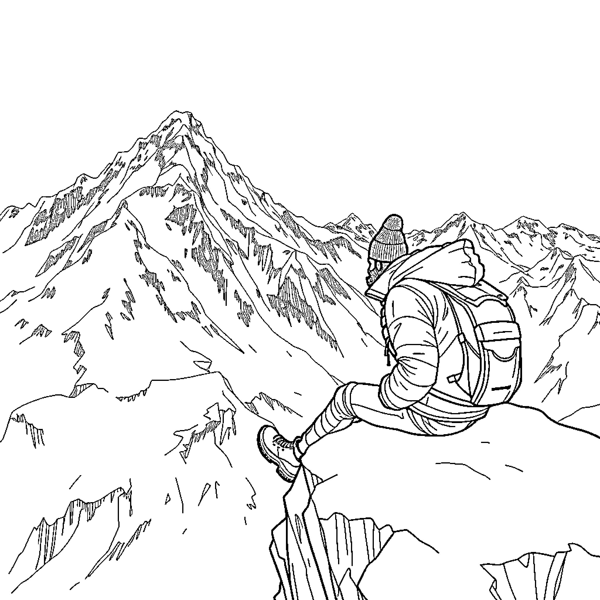 Rum: Adventurer Exploring Rugged Mountain Terrain Coloring Page (free black-and-white line drawing printable PDF for all, from beginners to advanced learners, including children, teens, adults, and seniors)