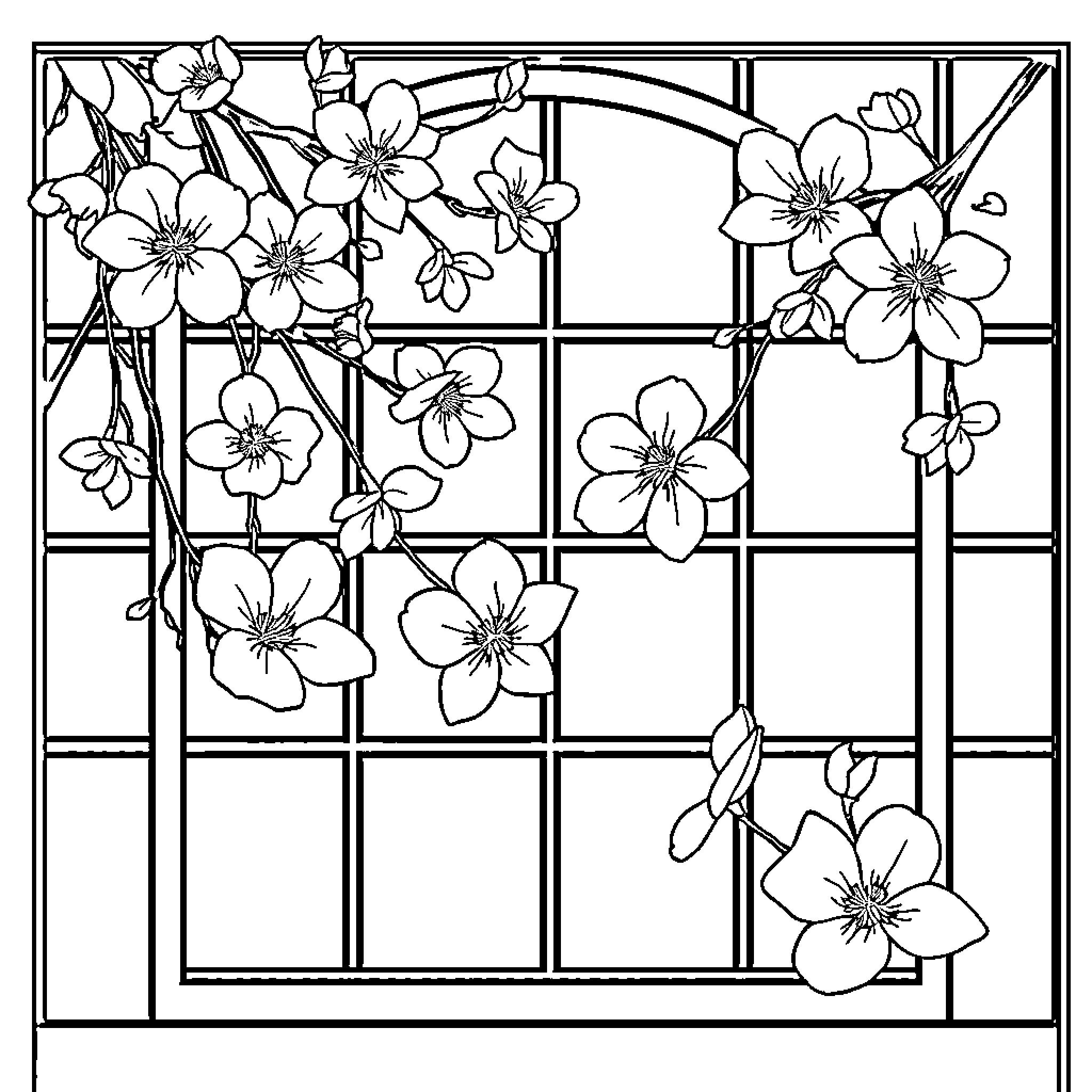 Cherry Blossom Window Frame with Floral Design Coloring Page (free black-and-white line drawing printable PDF for all, from beginners to advanced learners, including children, teens, adults, and seniors)