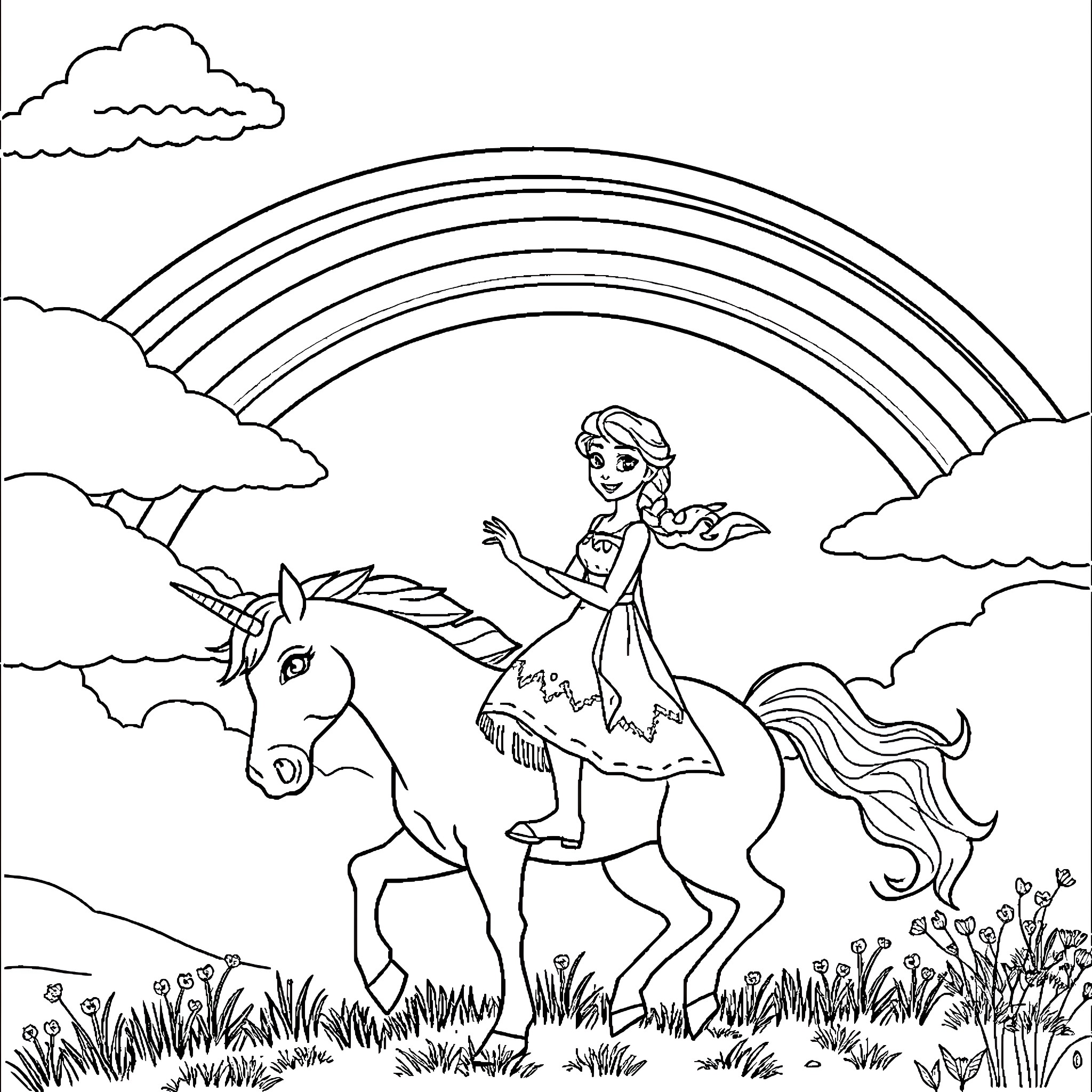 Elsa riding a unicorn under a rainbow Coloring Page (free black-and-white line drawing printable PDF for all, from beginners to advanced learners, including children, teens, adults, and seniors)