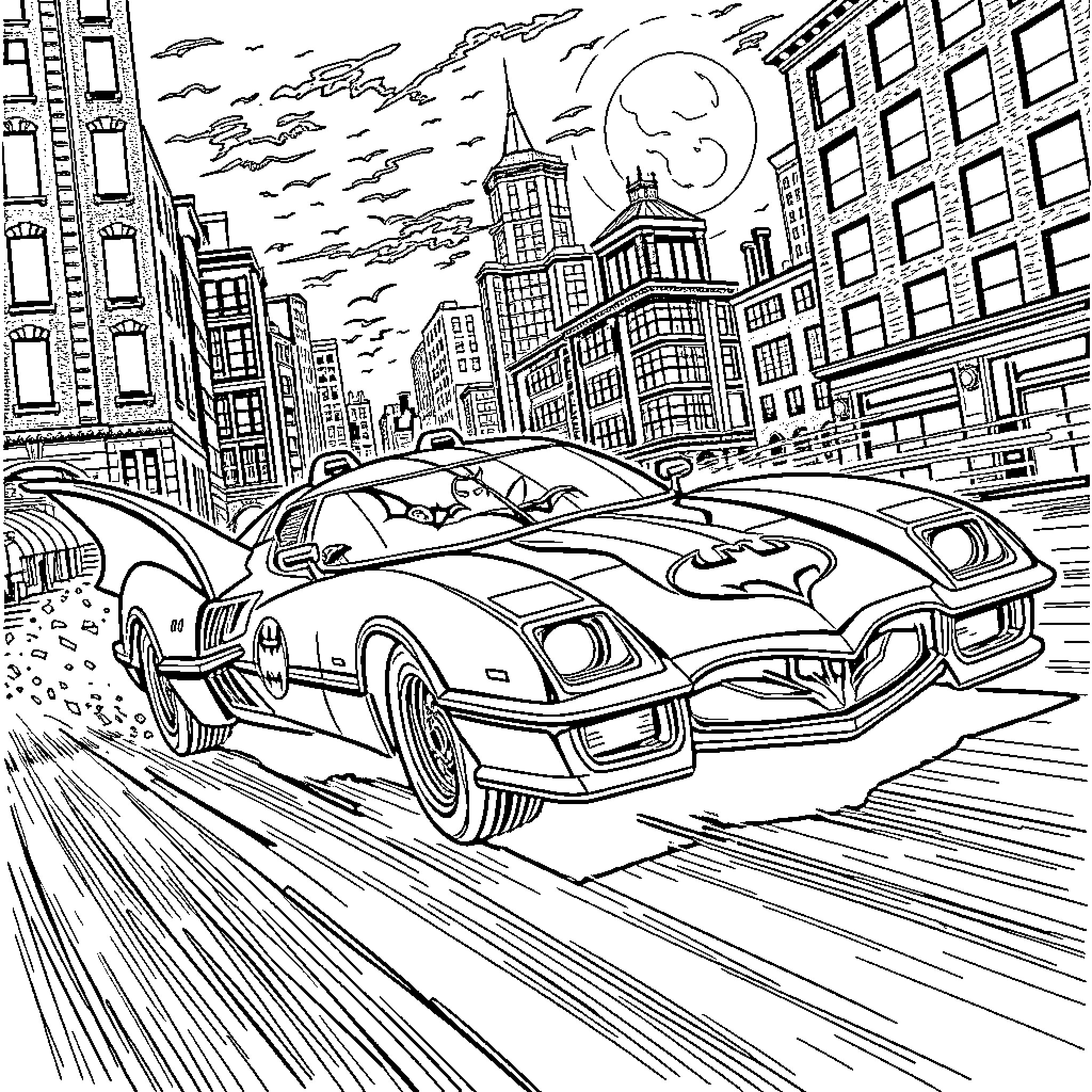 Batmobile speeding through the city at night Coloring Page (free black-and-white line drawing printable PDF for all, from beginners to advanced learners, including children, teens, adults, and seniors)