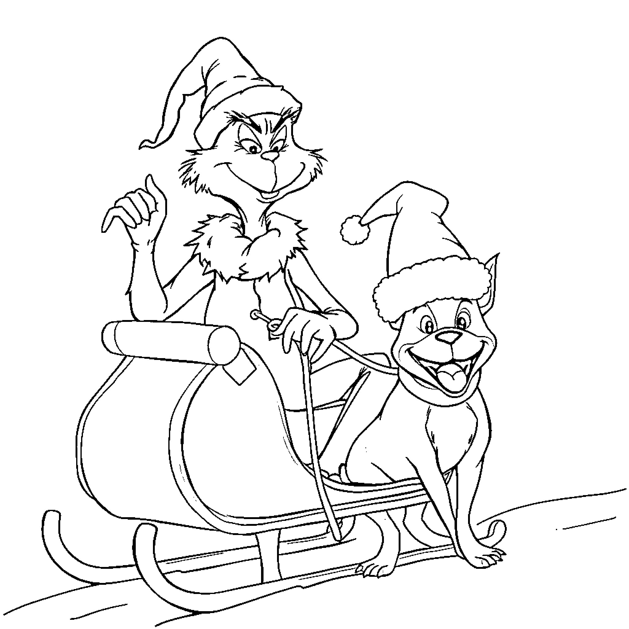 Grinch and dog in festive sledding adventure Coloring Page (free black-and-white line drawing printable PDF for all, from beginners to advanced learners, including children, teens, adults, and seniors)