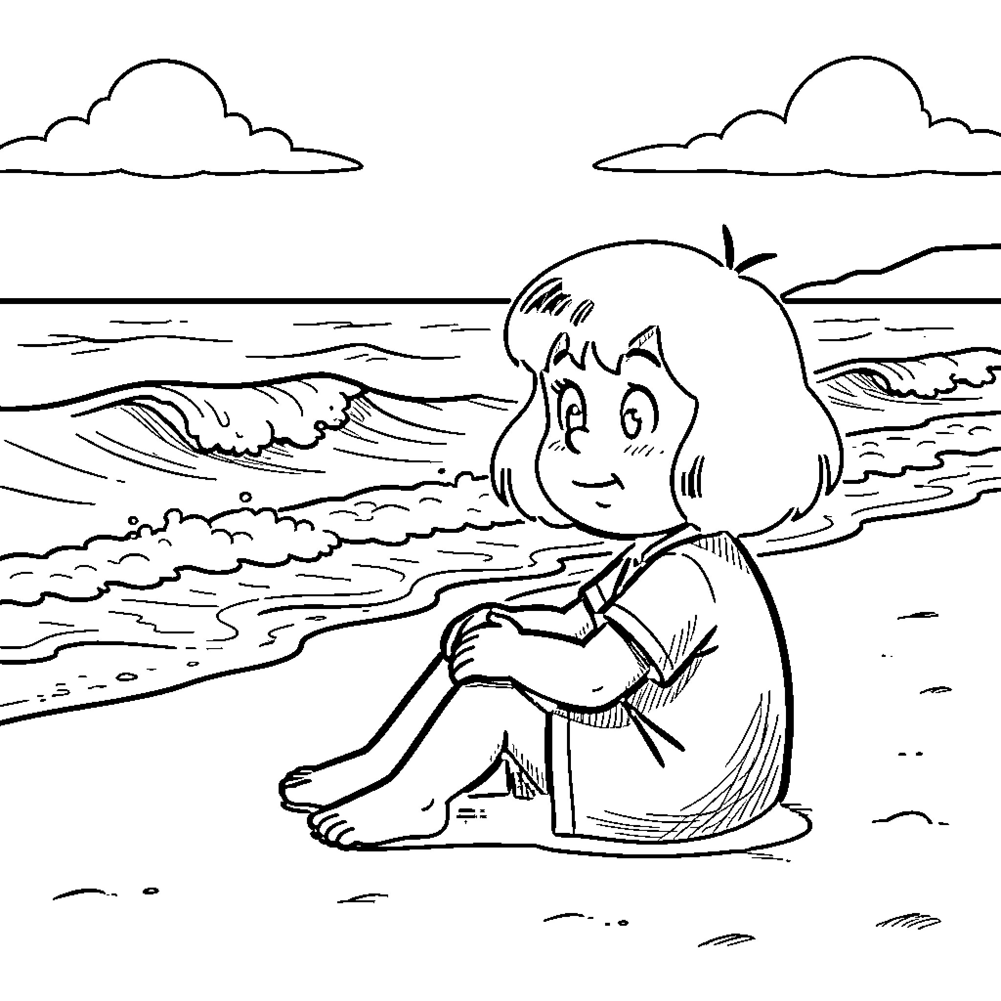 Mafalda contemplating the waves on the beach Coloring Page (free black-and-white line drawing printable PDF for all, from beginners to advanced learners, including children, teens, adults, and seniors)