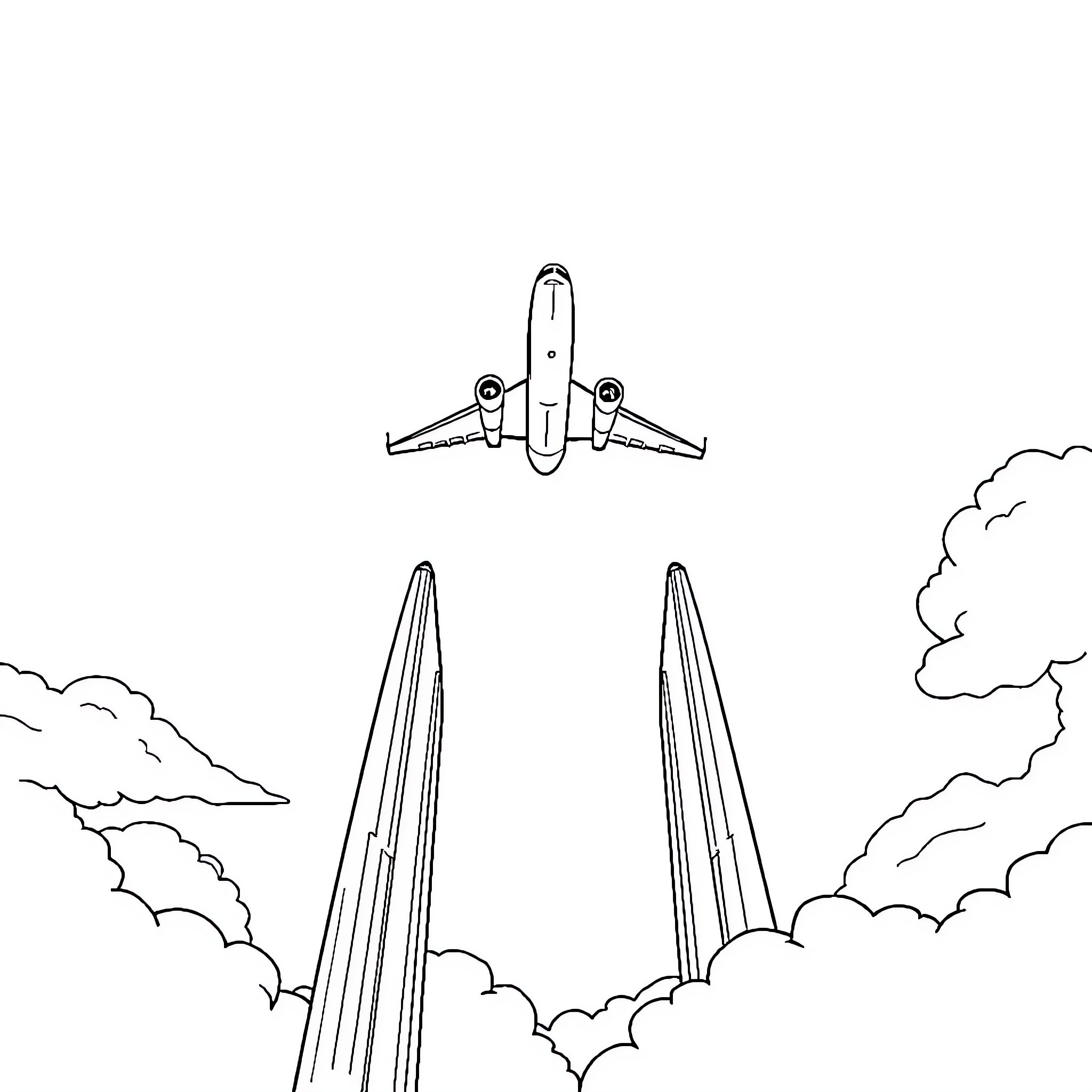 Plane soaring through the cloudy skies Coloring Page (free black-and-white line drawing printable PDF for all, from beginners to advanced learners, including children, teens, adults, and seniors)