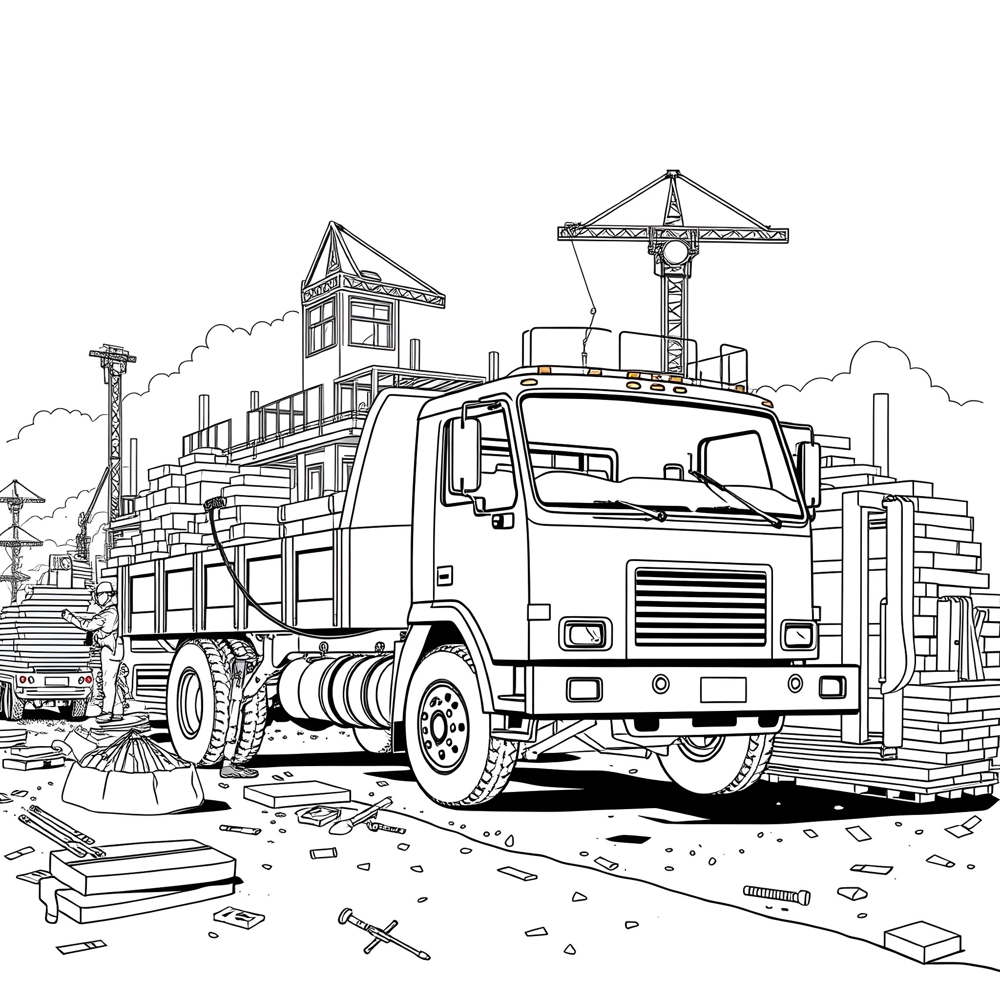 Truck on a construction site with machinery Coloring Page (free black-and-white line drawing printable PDF for all, from beginners to advanced learners, including children, teens, adults, and seniors)