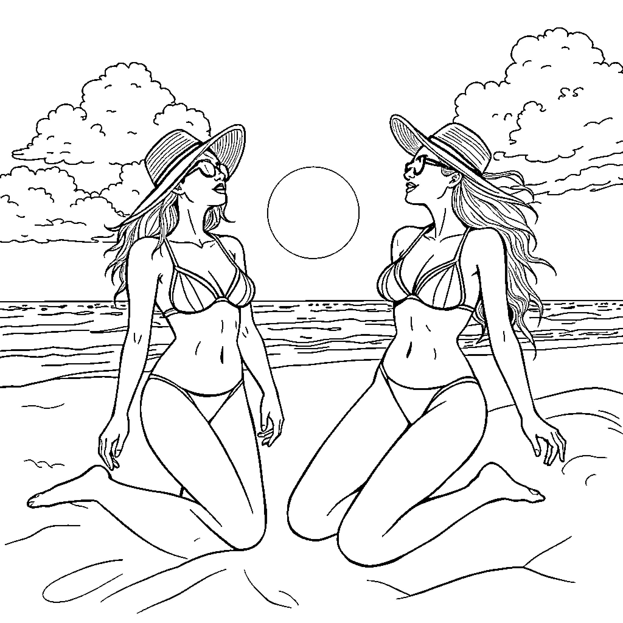 Lady friends enjoying the beach in summer attire Coloring Page (free black-and-white line drawing printable PDF for all, from beginners to advanced learners, including children, teens, adults, and seniors)