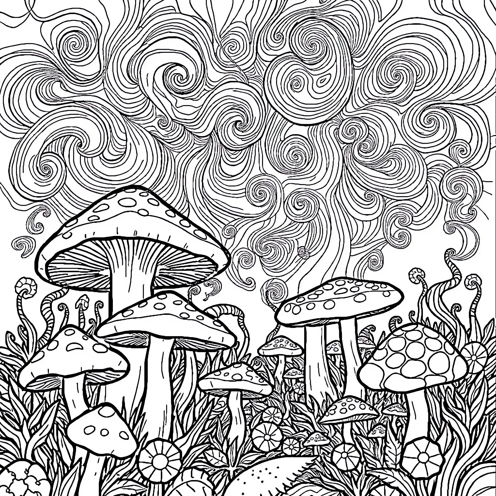 Mushroom Forest Fantasia Coloring Page (free black-and-white line drawing printable PDF for all, from beginners to advanced learners, including children, teens, adults, and seniors)