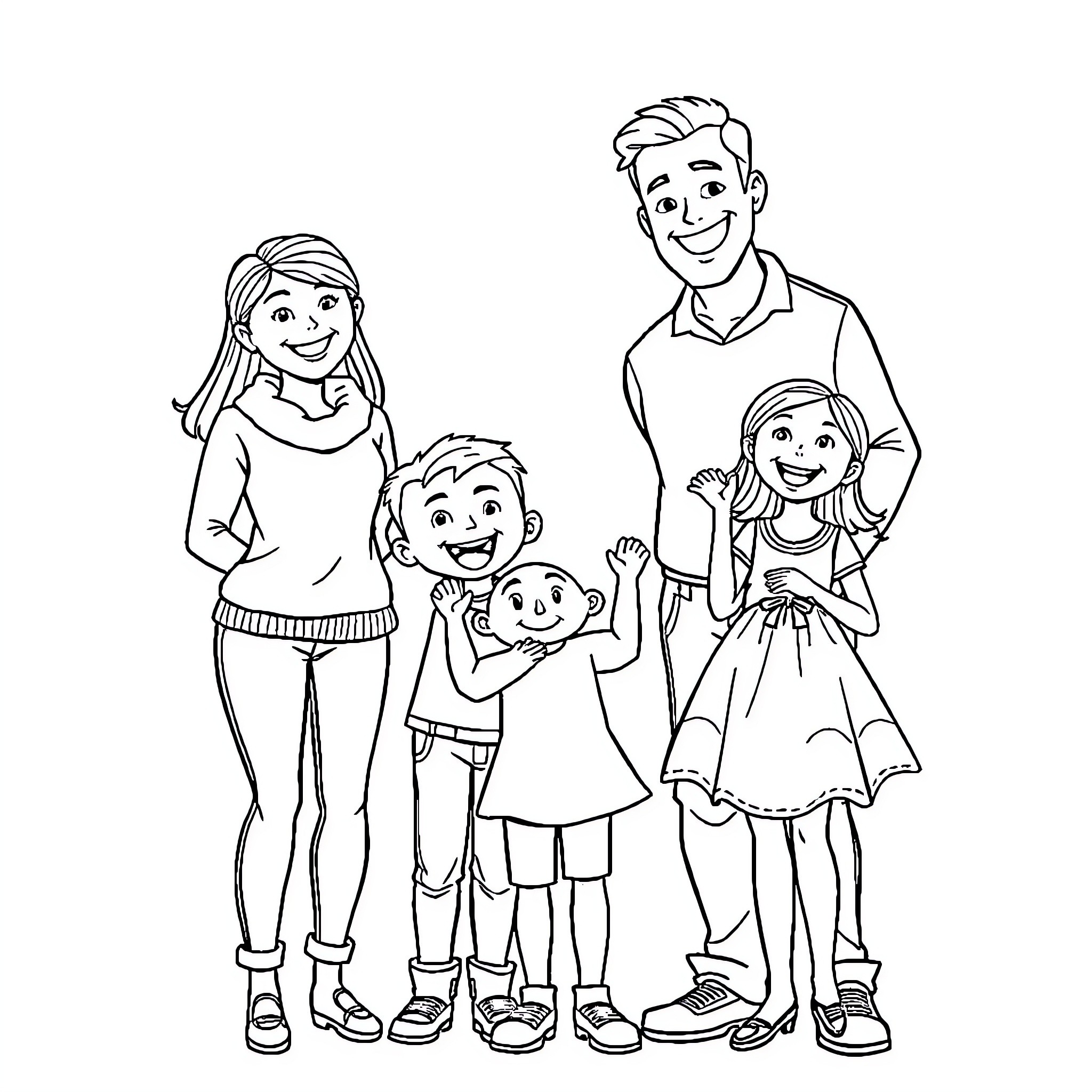 Family's Joyful Gathering Coloring Page (free black-and-white line drawing printable PDF for all, from beginners to advanced learners, including children, teens, adults, and seniors)