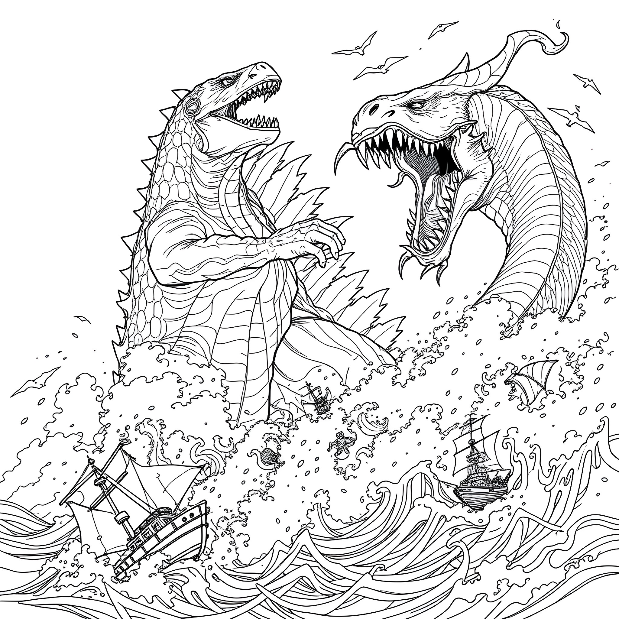 Godzilla unleashes fury against ships on the ocean Coloring Page (free black-and-white line drawing printable PDF for all, from beginners to advanced learners, including children, teens, adults, and seniors)