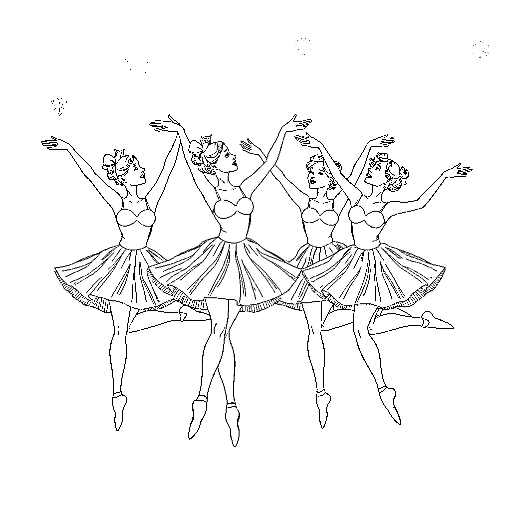Ballerina quartet performing graceful dance moves Coloring Page (free black-and-white line drawing printable PDF for all, from beginners to advanced learners, including children, teens, adults, and seniors)