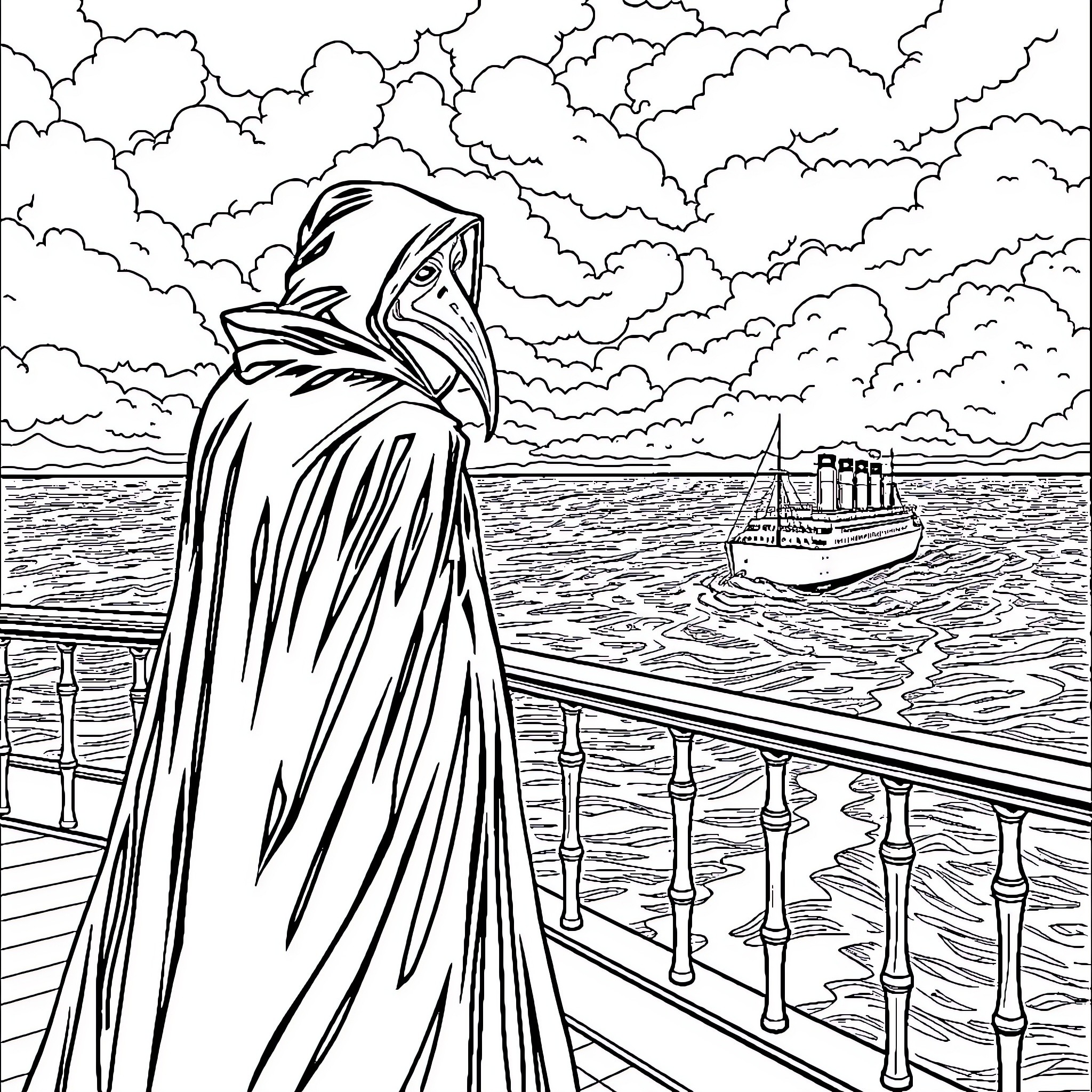 Plague Doctor Overlooking a Stormy Seascape Coloring Page (free black-and-white line drawing printable PDF for all, from beginners to advanced learners, including children, teens, adults, and seniors)