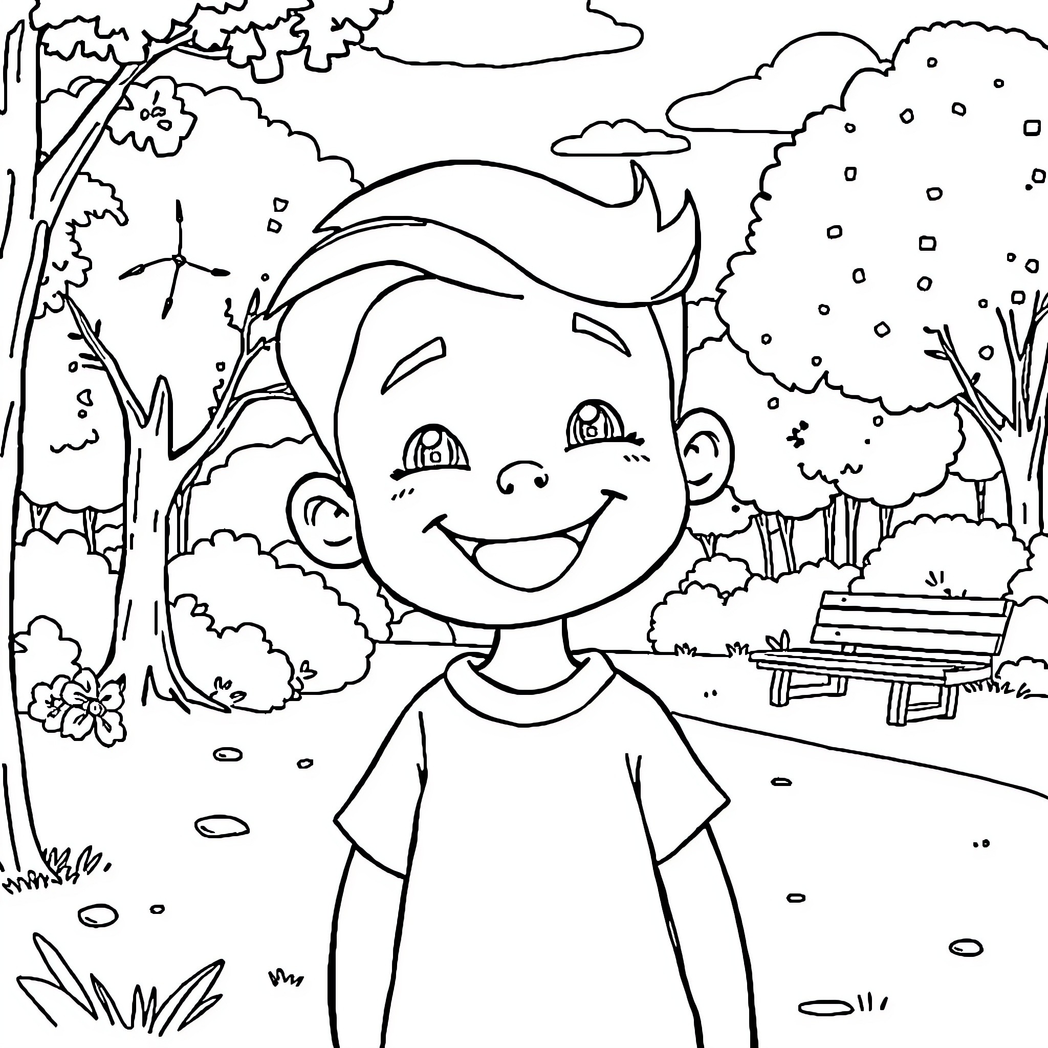 Tonis' Joyful Adventure in the Park Coloring Page (free black-and-white line drawing printable PDF for all, from beginners to advanced learners, including children, teens, adults, and seniors)