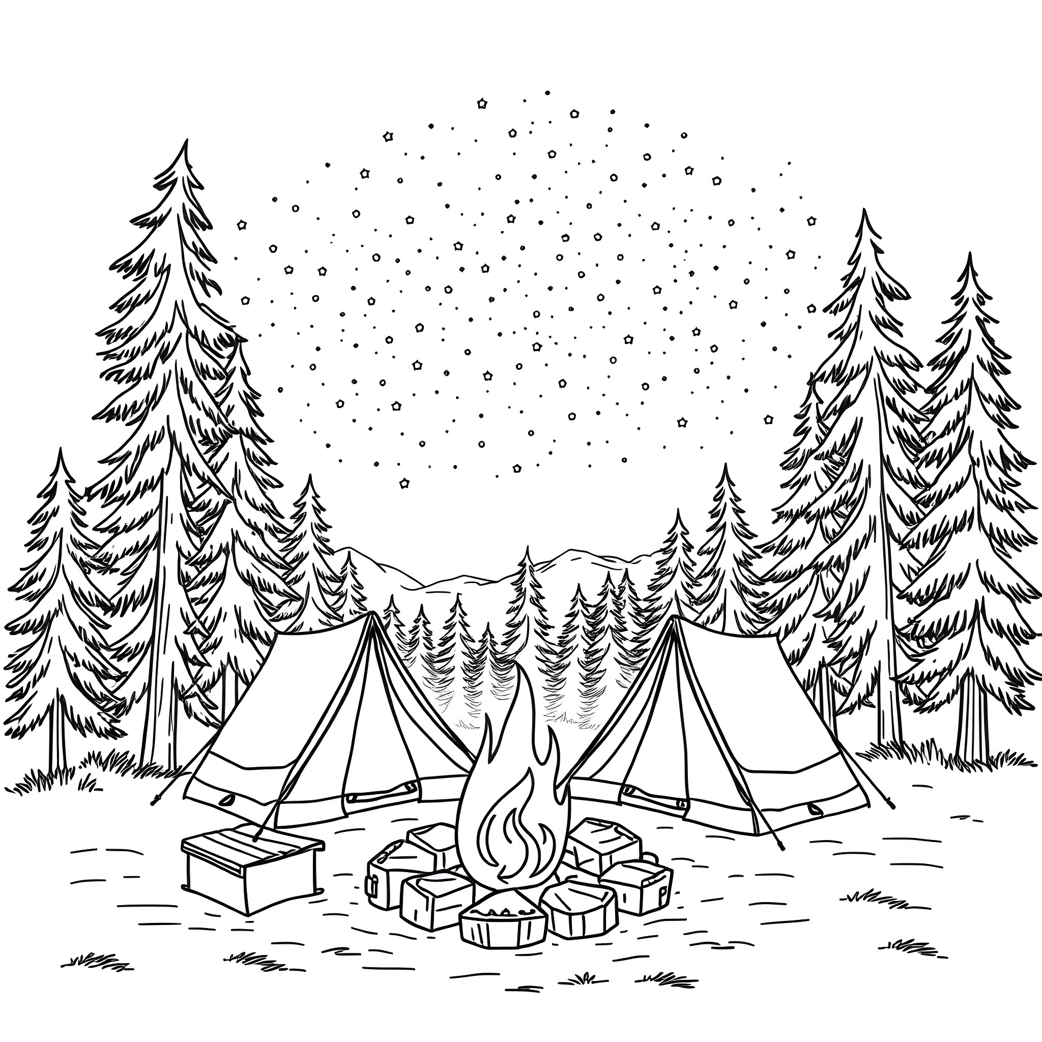 Camping in the snowy forest Coloring Page (free black-and-white line drawing printable PDF for all, from beginners to advanced learners, including children, teens, adults, and seniors)