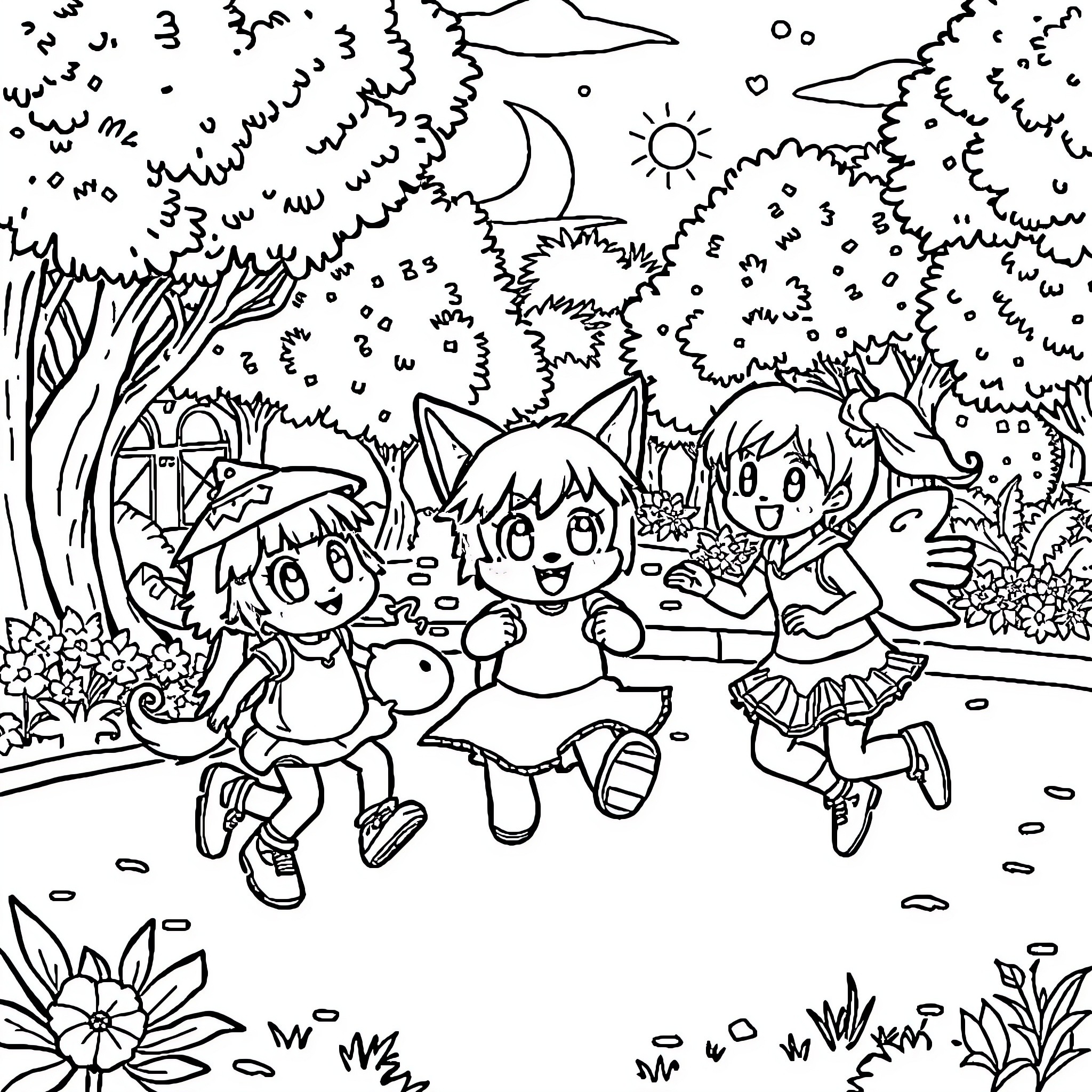 Kuromi and friends playing in the enchanted forest Coloring Page (free black-and-white line drawing printable PDF for all, from beginners to advanced learners, including children, teens, adults, and seniors)