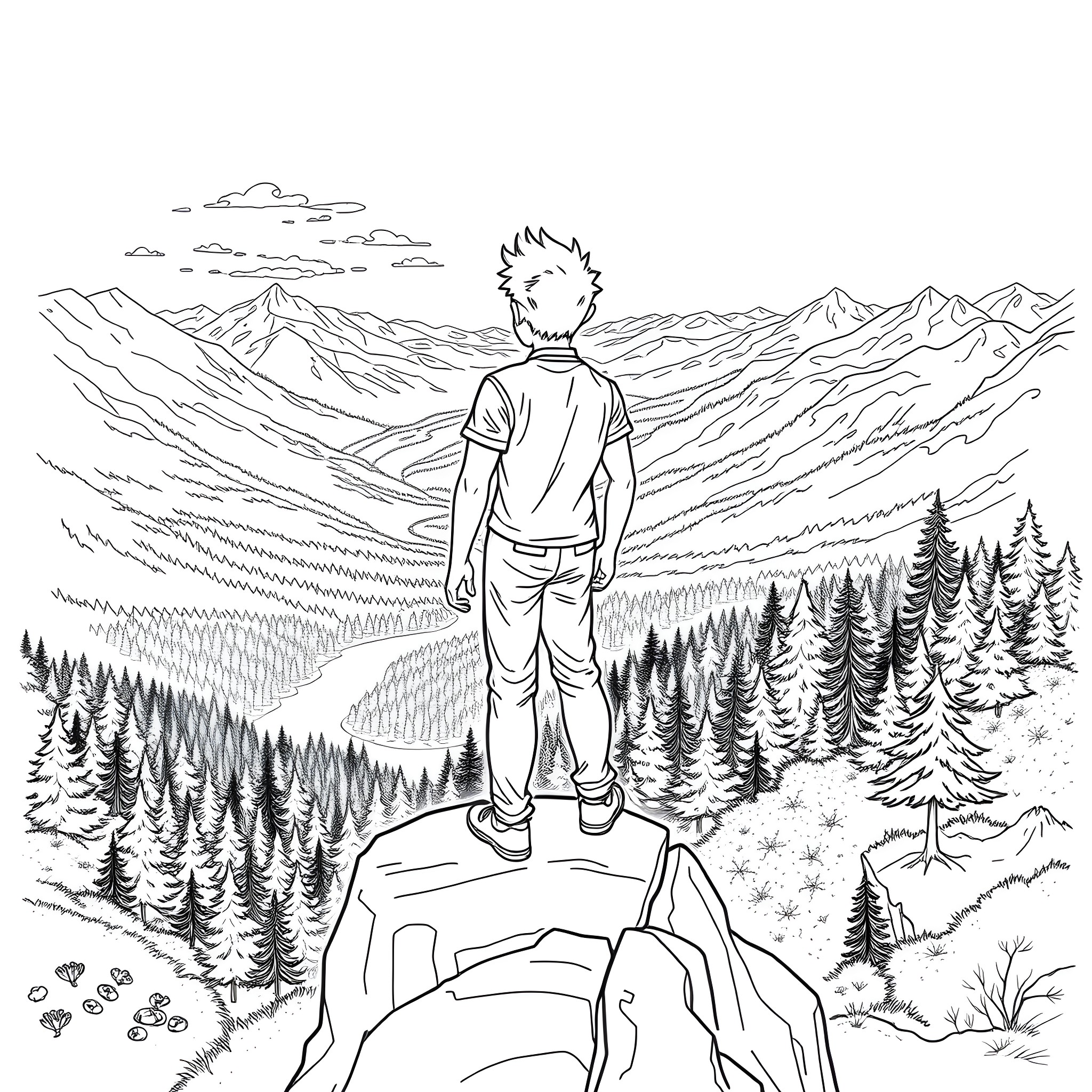Jaxson admiring the scenic mountain landscape Coloring Page (free black-and-white line drawing printable PDF for all, from beginners to advanced learners, including children, teens, adults, and seniors)