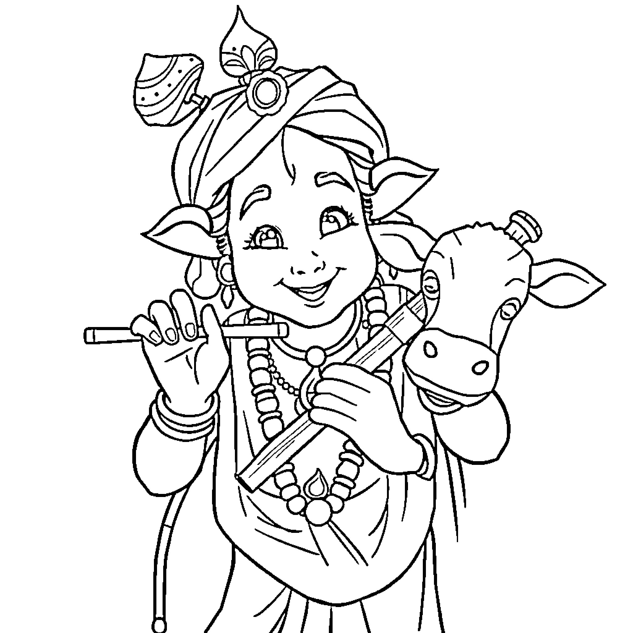 Krishna playing the flute with his cow companion Coloring Page (free black-and-white line drawing printable PDF for all, from beginners to advanced learners, including children, teens, adults, and seniors)