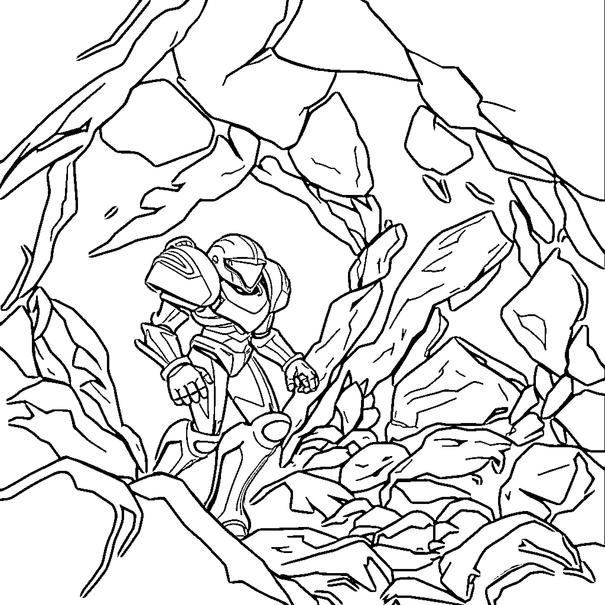 Samus Exploring the Rugged Terrain Coloring Page (free black-and-white line drawing printable PDF for all, from beginners to advanced learners, including children, teens, adults, and seniors)
