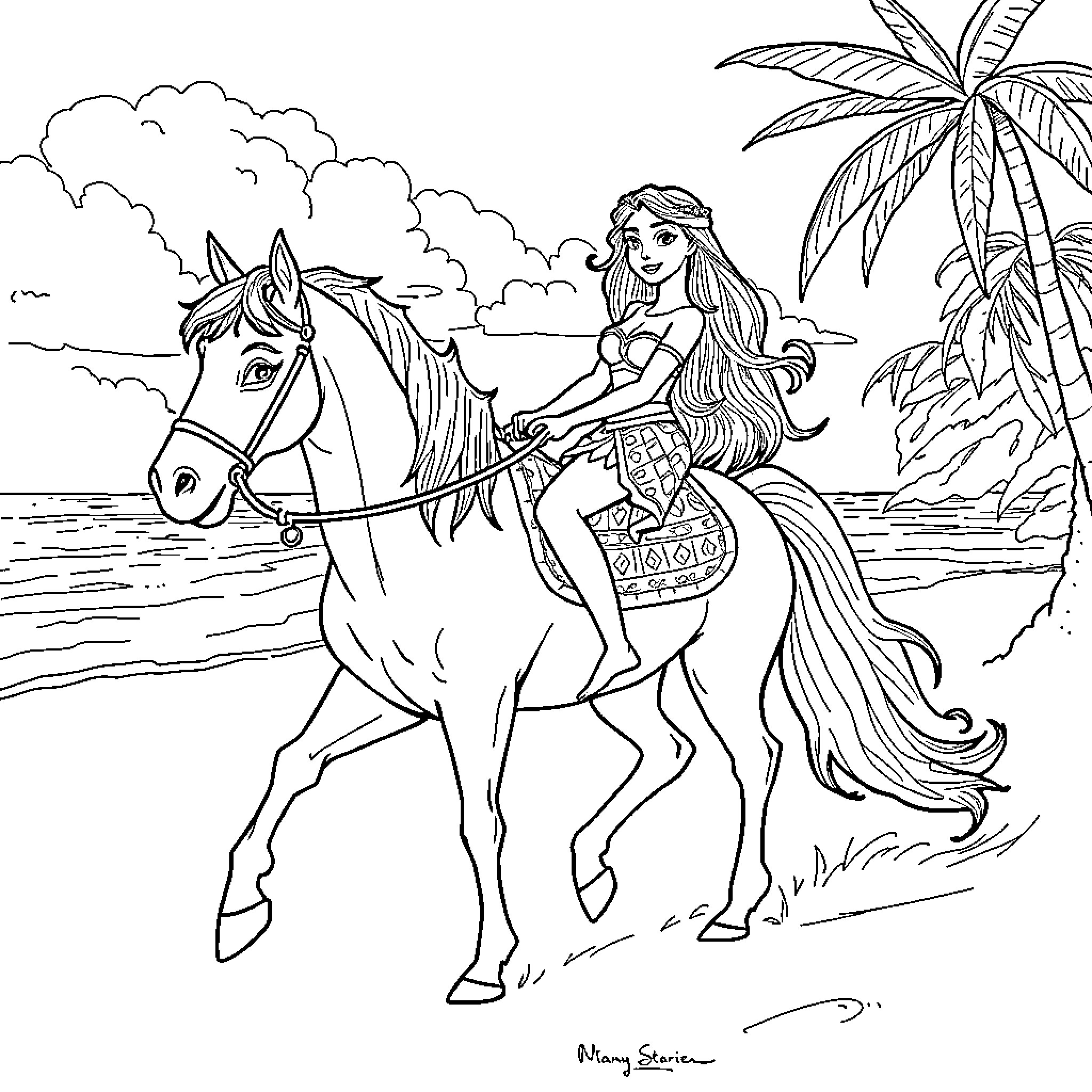 Vaiana riding a horse on the beach Coloring Page (free black-and-white line drawing printable PDF for all, from beginners to advanced learners, including children, teens, adults, and seniors)
