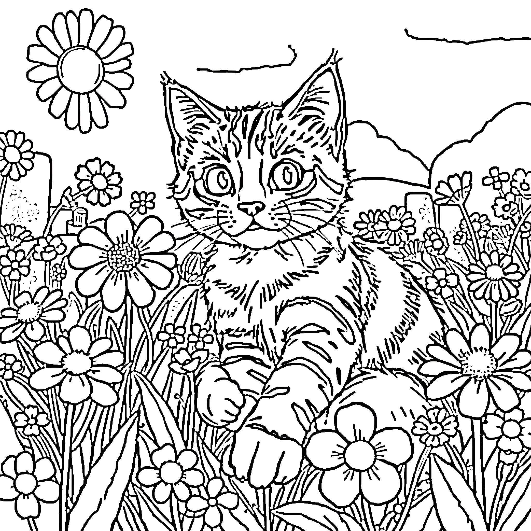 Cat peering through flowers in garden Coloring Page (free black-and-white line drawing printable PDF for all, from beginners to advanced learners, including children, teens, adults, and seniors)