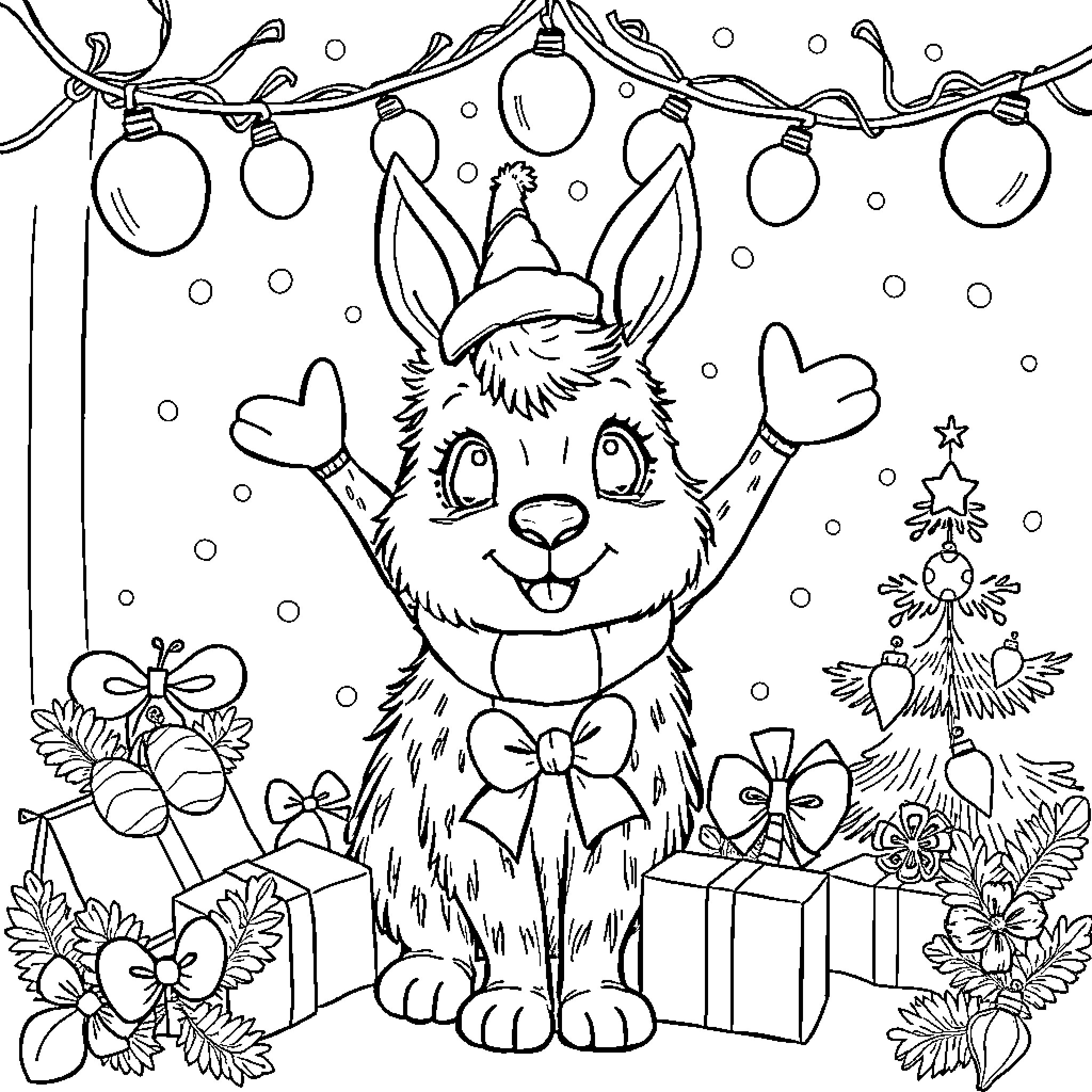 Huntrix Celebrates the Holidays with Joy and Delight Coloring Page (free black-and-white line drawing printable PDF for all, from beginners to advanced learners, including children, teens, adults, and seniors)