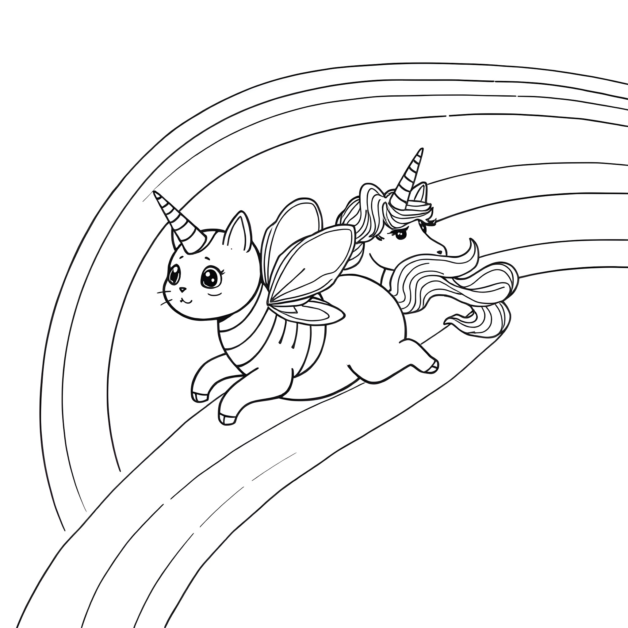 Bumblebee-like unicorn flying joyfully in the sky Coloring Page (free black-and-white line drawing printable PDF for all, from beginners to advanced learners, including children, teens, adults, and seniors)
