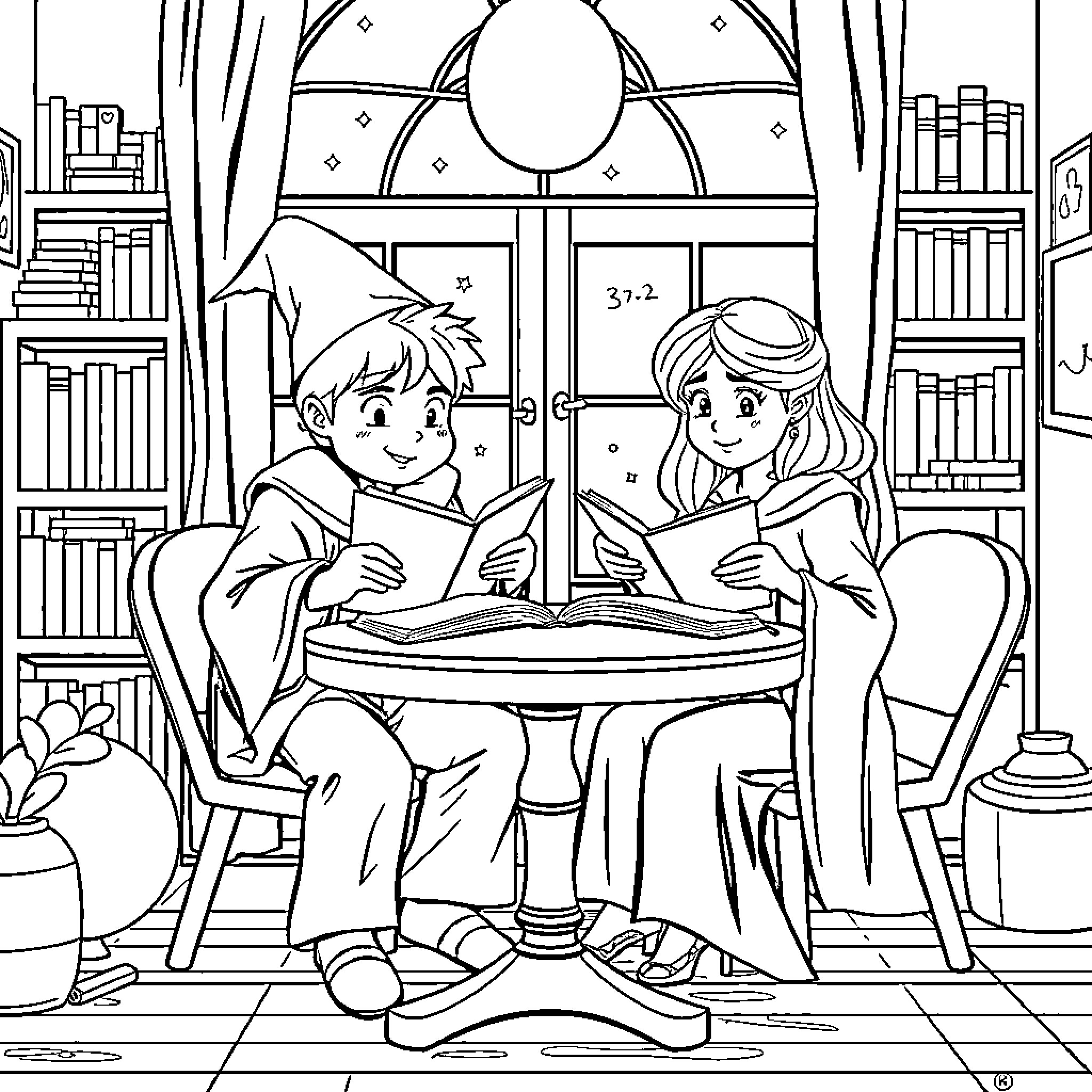 Padrinos enjoying a cozy reading session Coloring Page (free black-and-white line drawing printable PDF for all, from beginners to advanced learners, including children, teens, adults, and seniors)