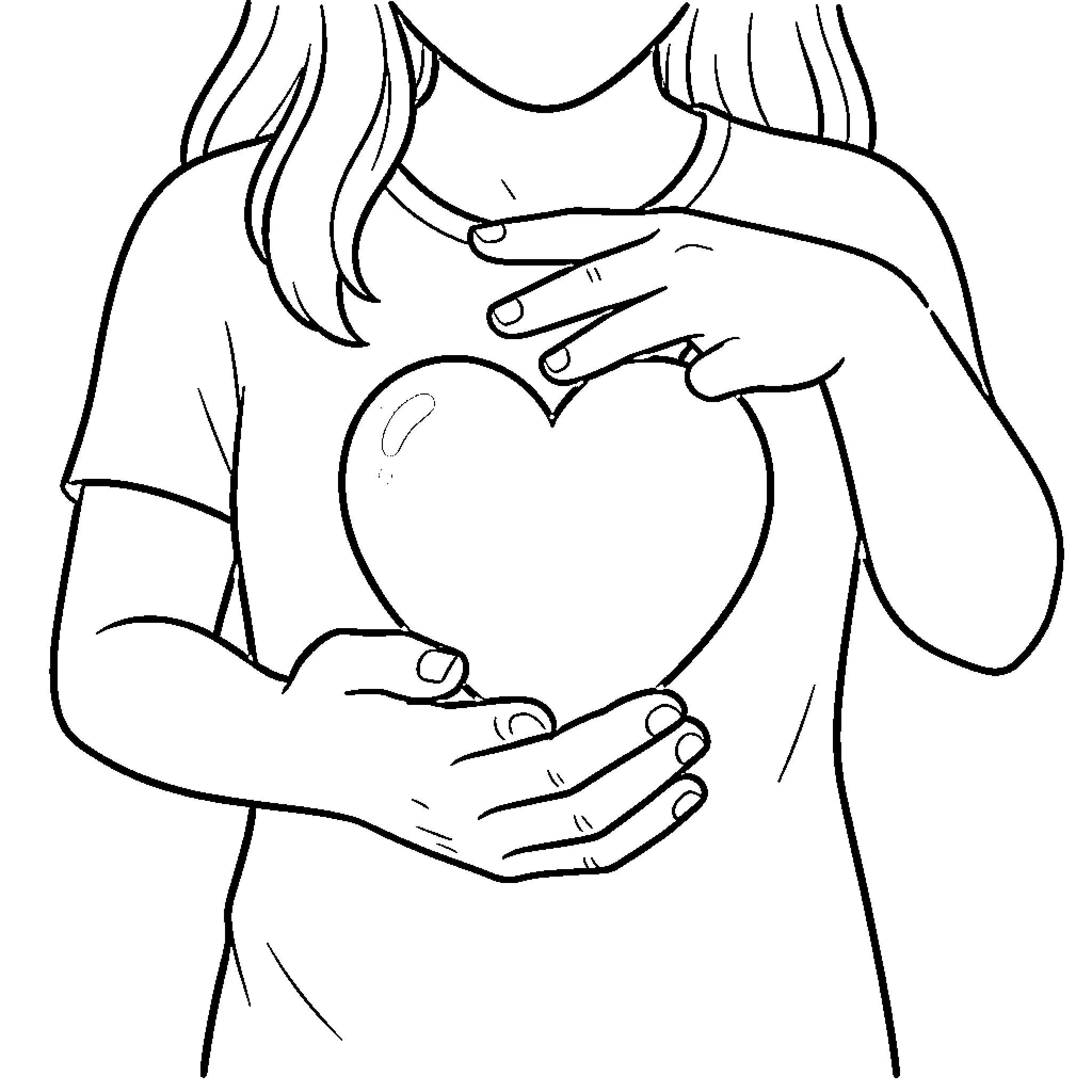 Heart held tenderly in hands Coloring Page (free black-and-white line drawing printable PDF for all, from beginners to advanced learners, including children, teens, adults, and seniors)