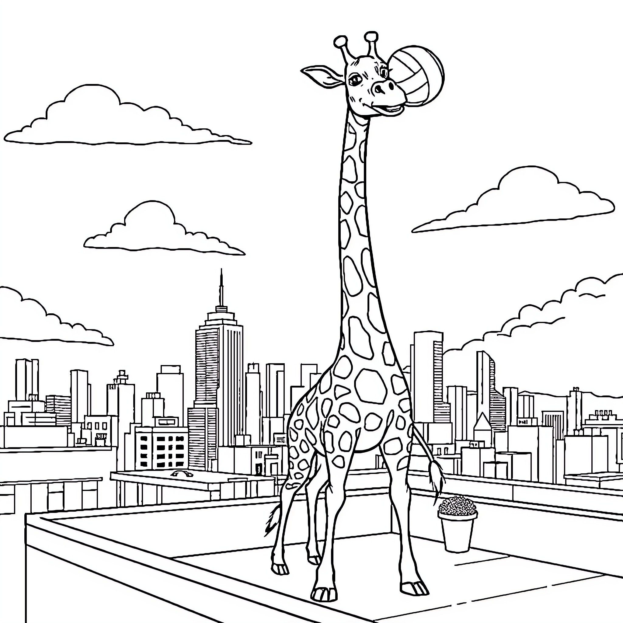 Giraffe enjoying city skyline view Coloring Page (free black-and-white line drawing printable PDF for all, from beginners to advanced learners, including children, teens, adults, and seniors)