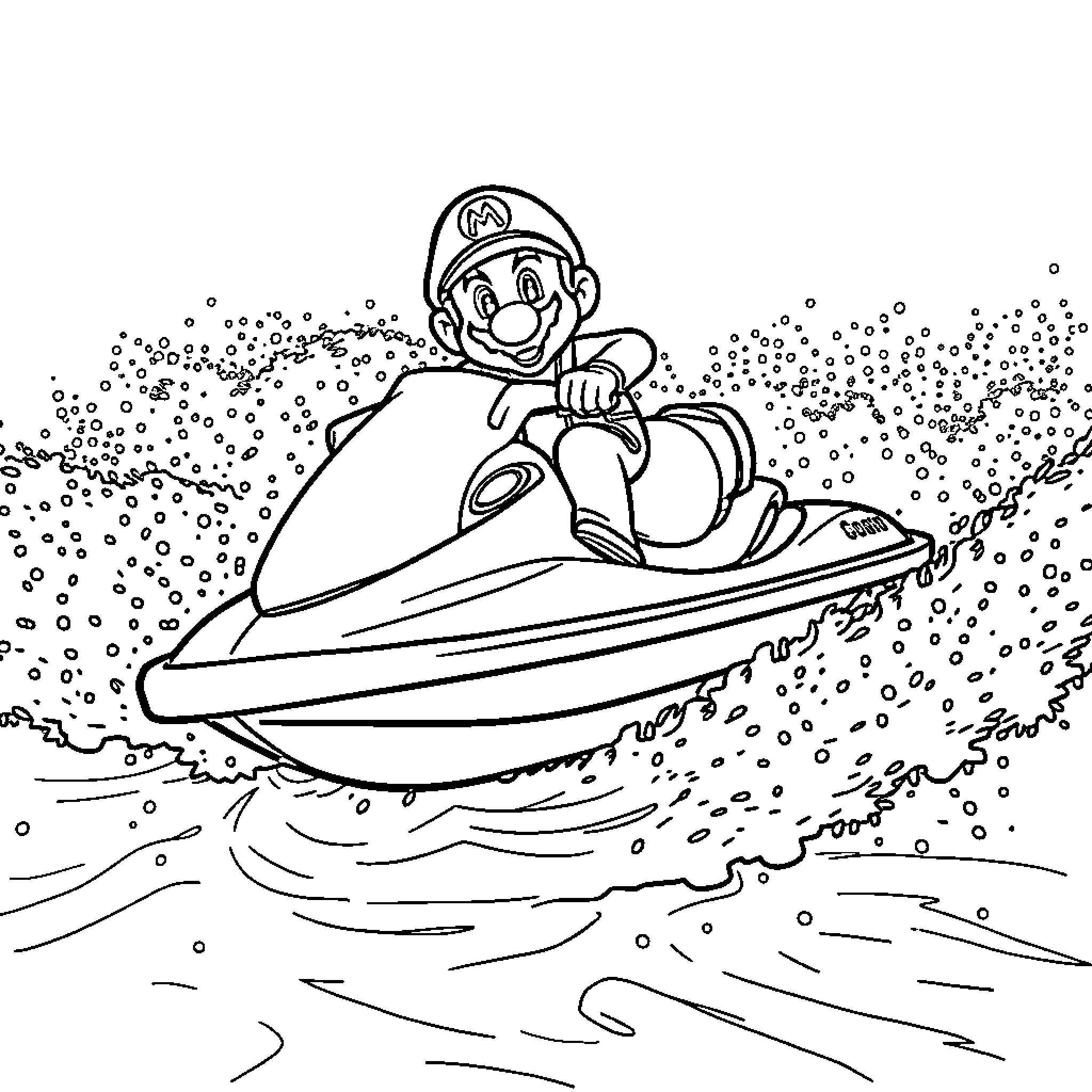 Mario riding a jetski on the water Coloring Page (free black-and-white line drawing printable PDF for all, from beginners to advanced learners, including children, teens, adults, and seniors)