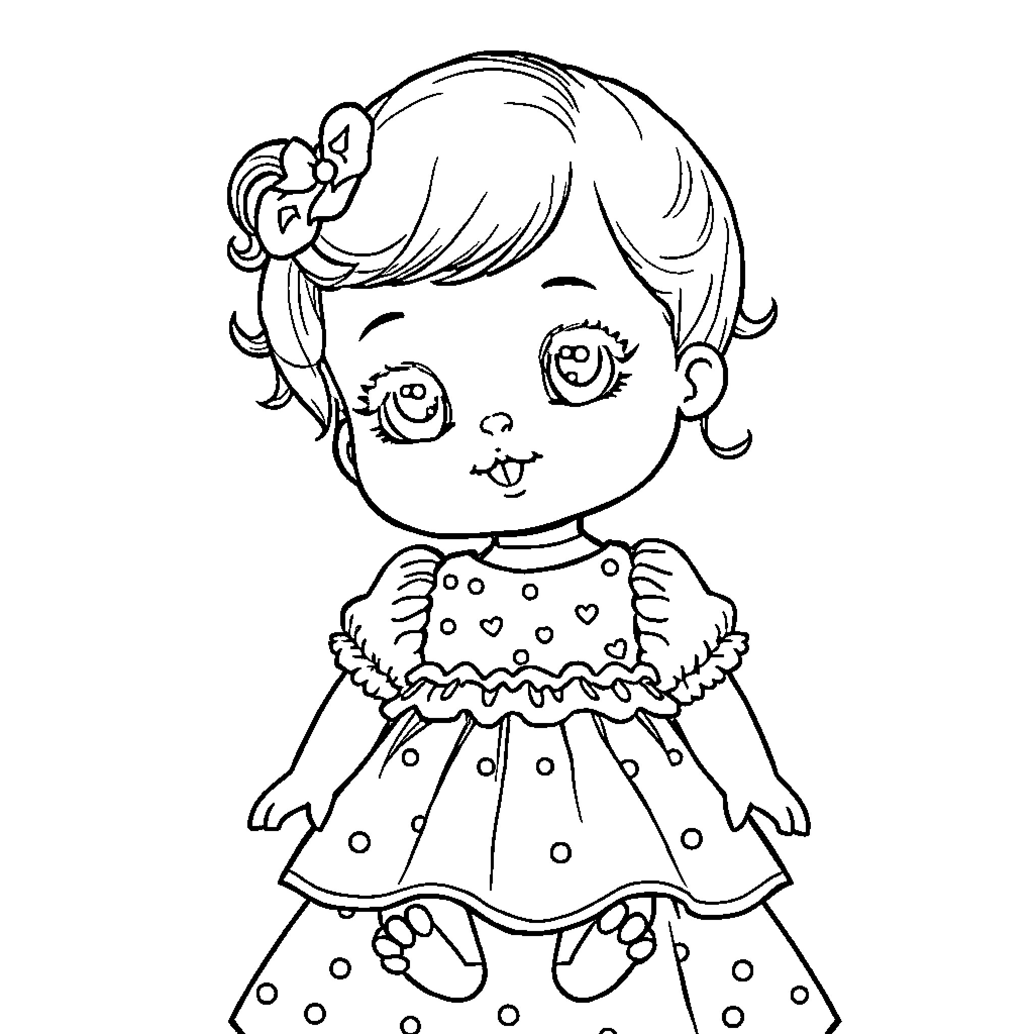 Doll with happy expression wearing polka dot dress Coloring Page (free black-and-white line drawing printable PDF for all, from beginners to advanced learners, including children, teens, adults, and seniors)