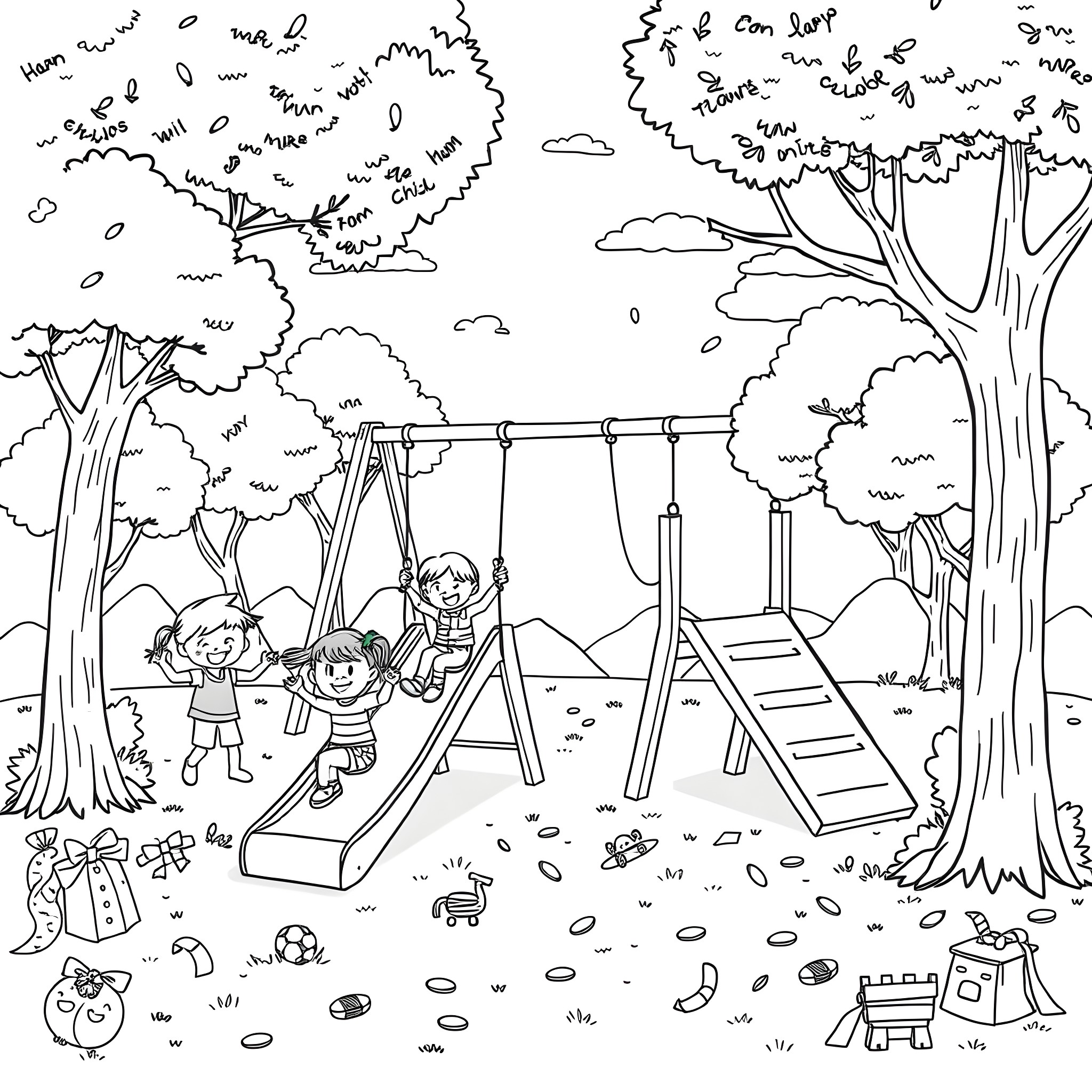 Children playing joyfully on the playground in nature Coloring Page (free black-and-white line drawing printable PDF for all, from beginners to advanced learners, including children, teens, adults, and seniors)
