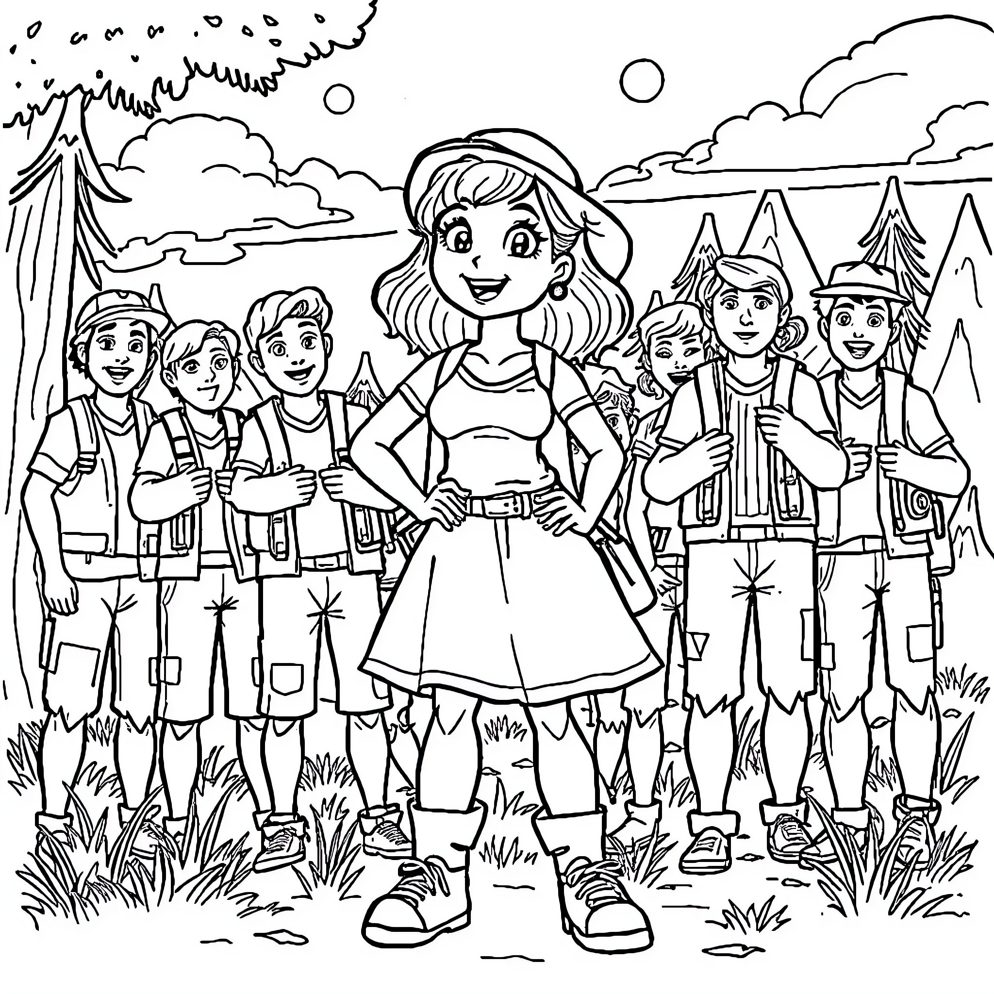 Bonnie and her Adventurous Camping Crew Coloring Page (free black-and-white line drawing printable PDF for all, from beginners to advanced learners, including children, teens, adults, and seniors)