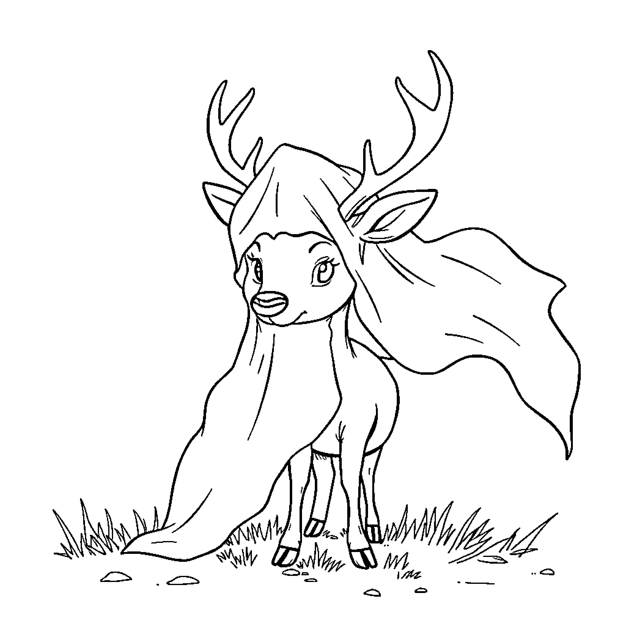 Deer with flowing antlers in nature Coloring Page (free black-and-white line drawing printable PDF for all, from beginners to advanced learners, including children, teens, adults, and seniors)