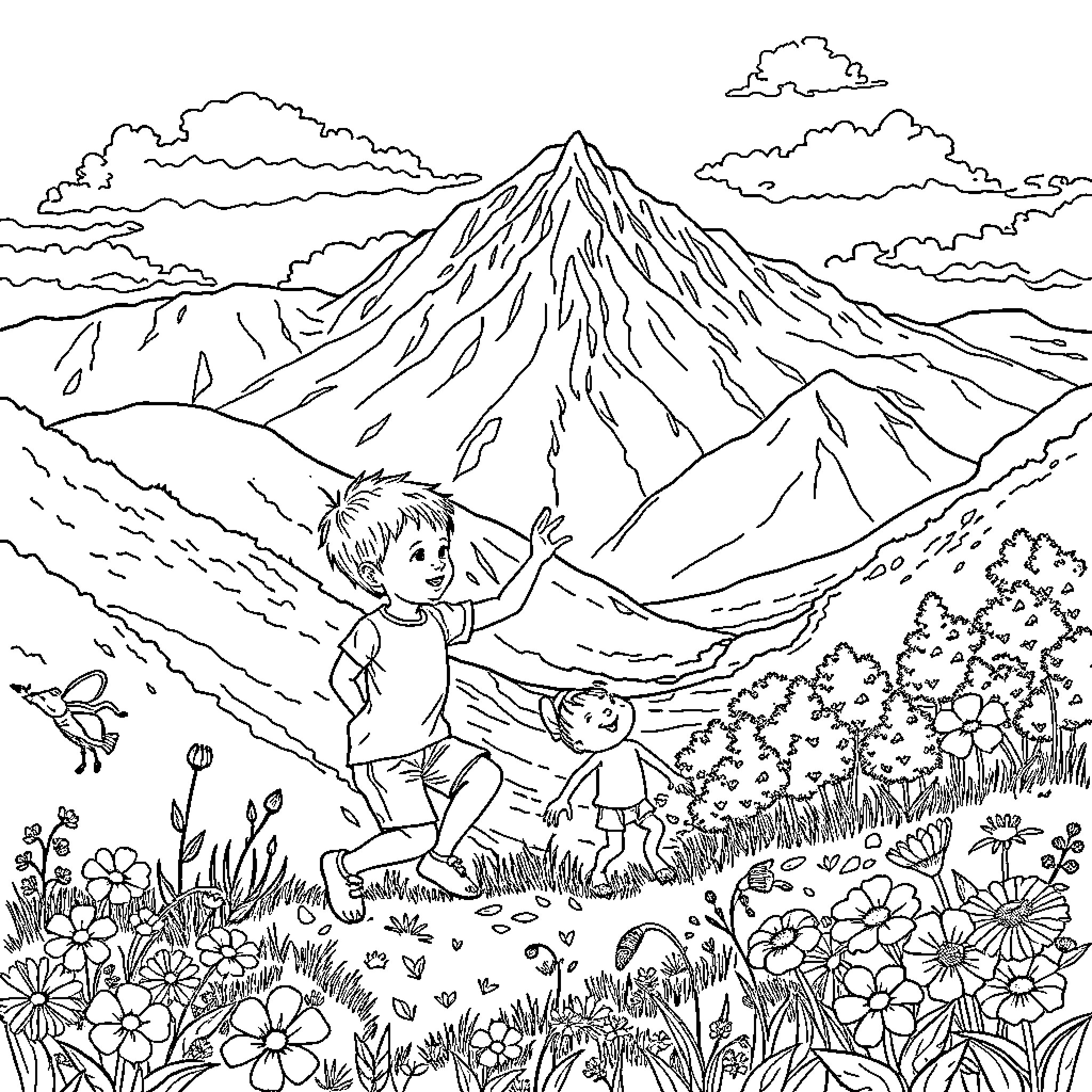 Niño exploring the majestic mountain landscape Coloring Page (free black-and-white line drawing printable PDF for all, from beginners to advanced learners, including children, teens, adults, and seniors)