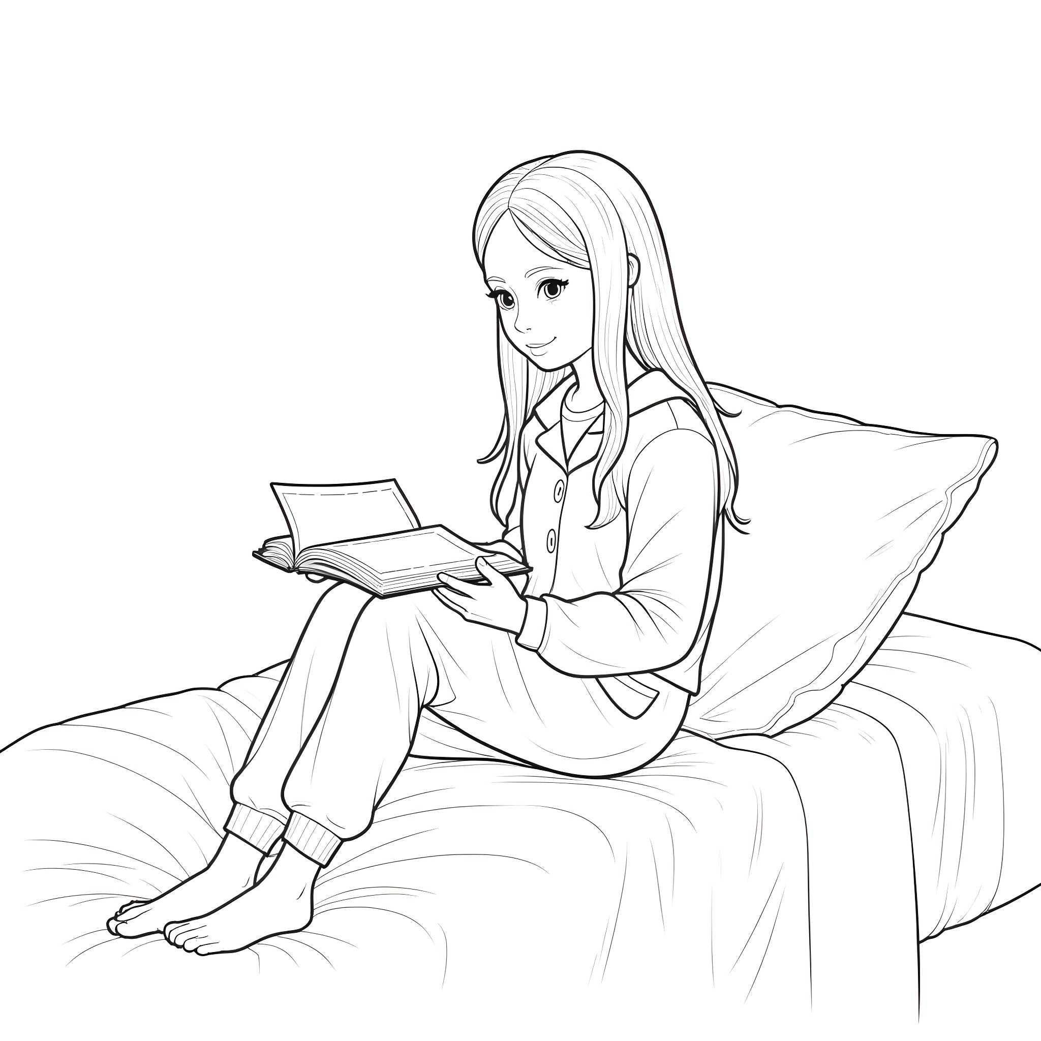Girl reading a book on the bed Coloring Page (free black-and-white line drawing printable PDF for all, from beginners to advanced learners, including children, teens, adults, and seniors)